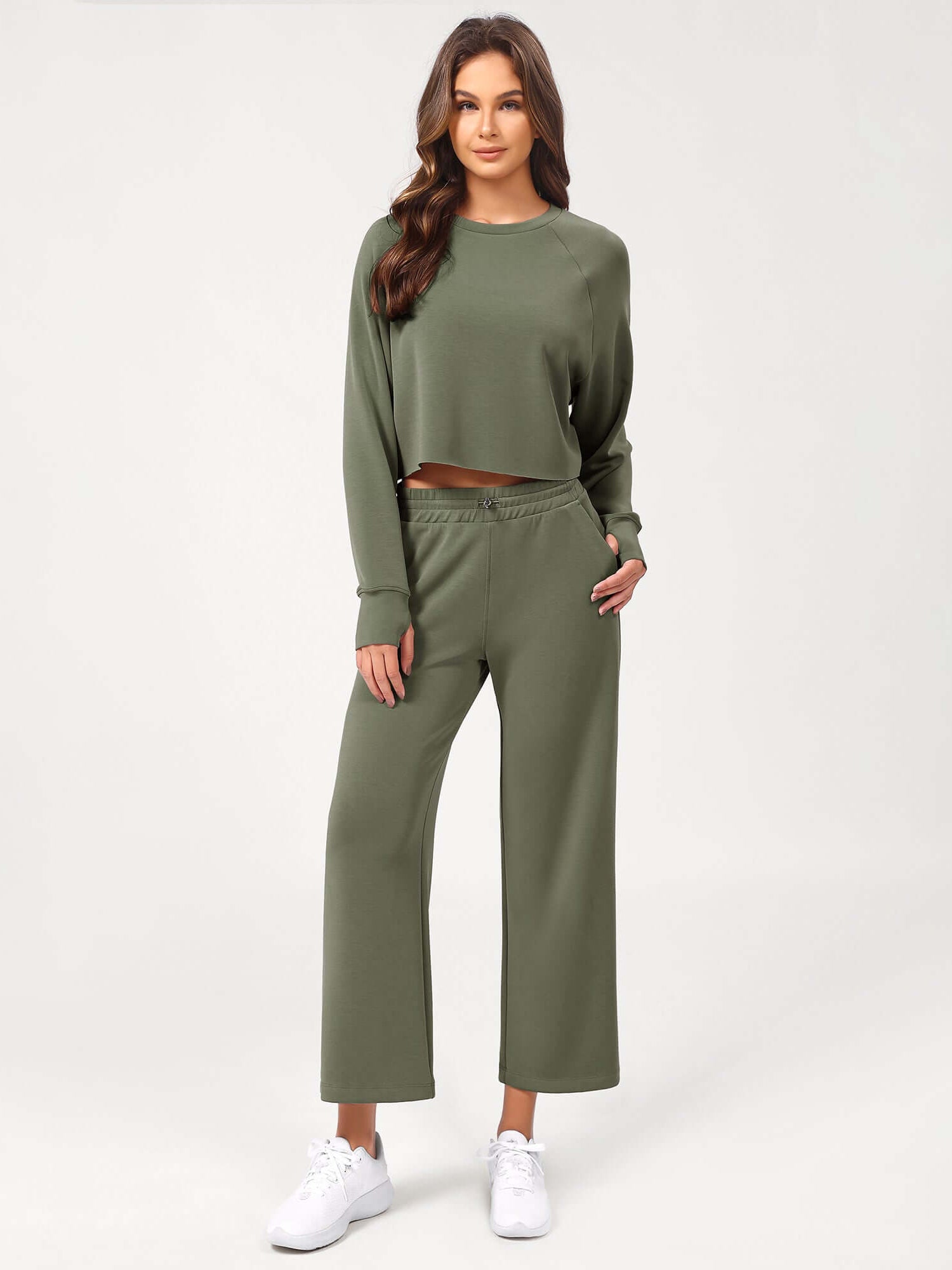 25 Adjustable Shockcord High Waist Casual Lounge Pants with Pockets Dark Sage - ododos