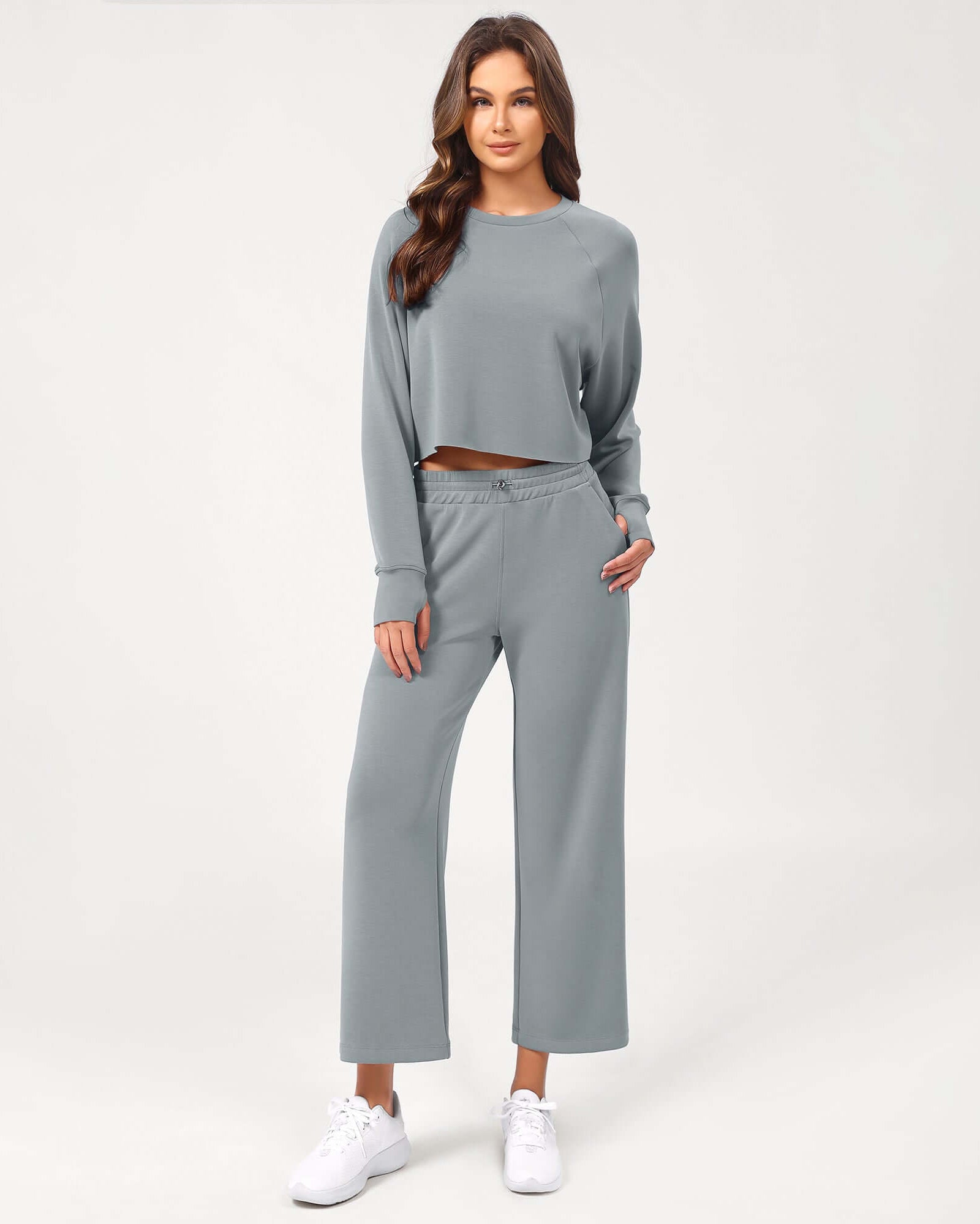 25 Adjustable Shockcord High Waist Casual Lounge Pants with Pockets Grey Blue - ododos