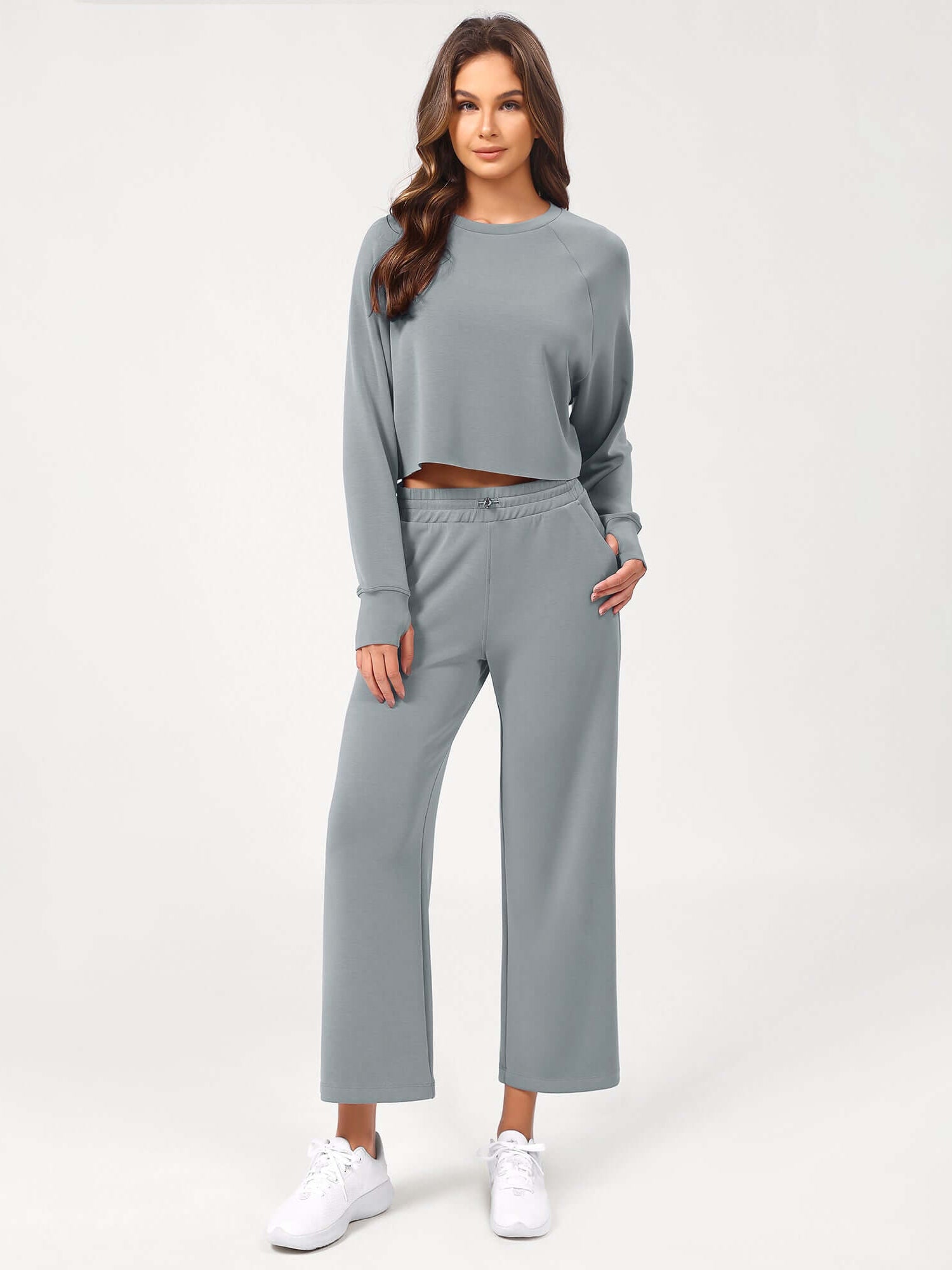25 Adjustable Shockcord High Waist Casual Lounge Pants with Pockets Grey Blue - ododos
