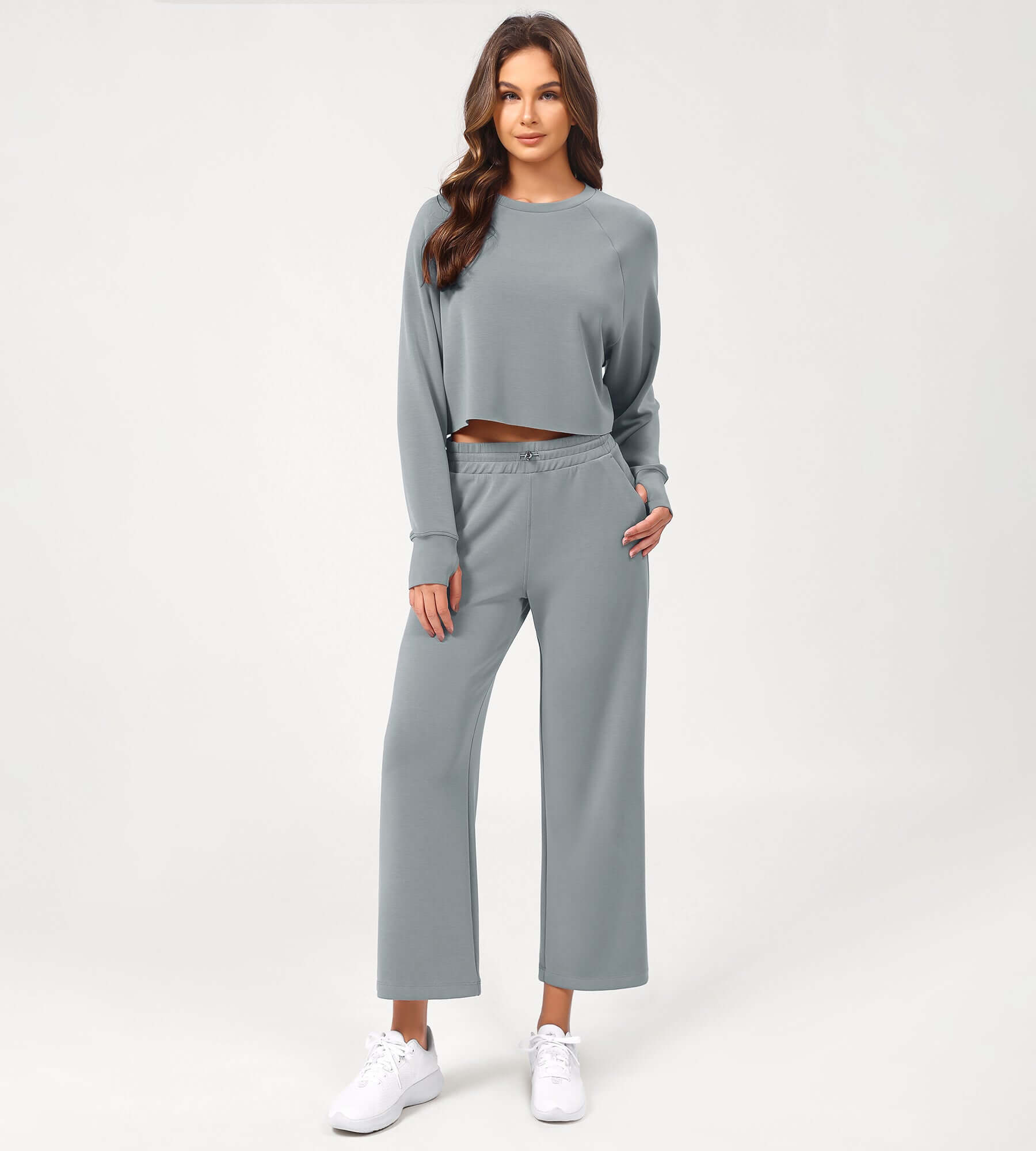 25 Adjustable Shockcord High Waist Casual Lounge Pants with Pockets Grey Blue - ododos