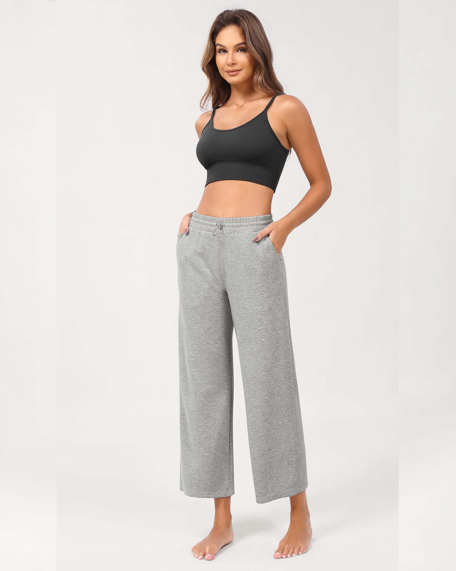 25 Adjustable Shockcord High Waist Casual Lounge Pants with Pockets Heather Grey - ododos