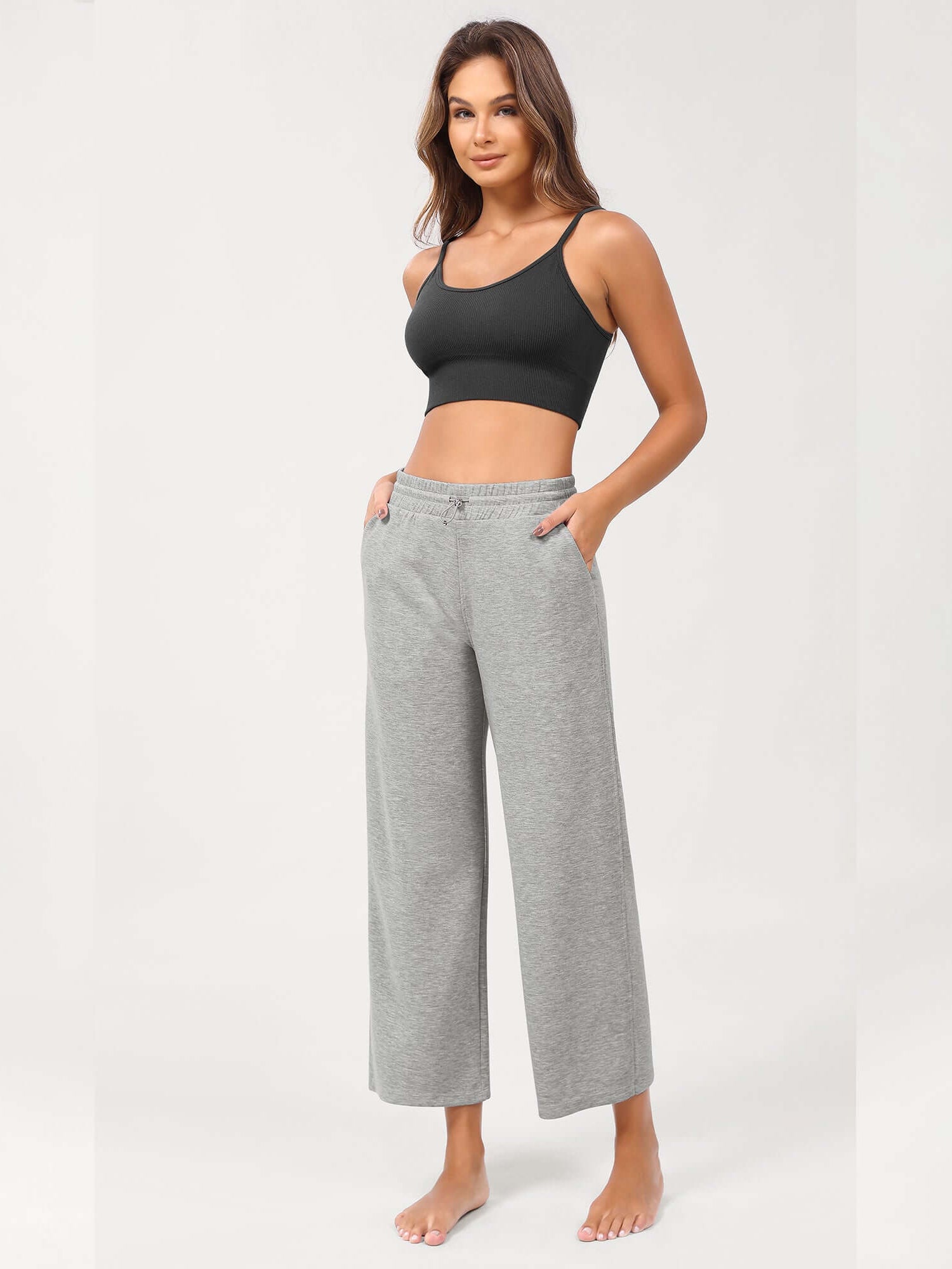 25 Adjustable Shockcord High Waist Casual Lounge Pants with Pockets Heather Grey - ododos