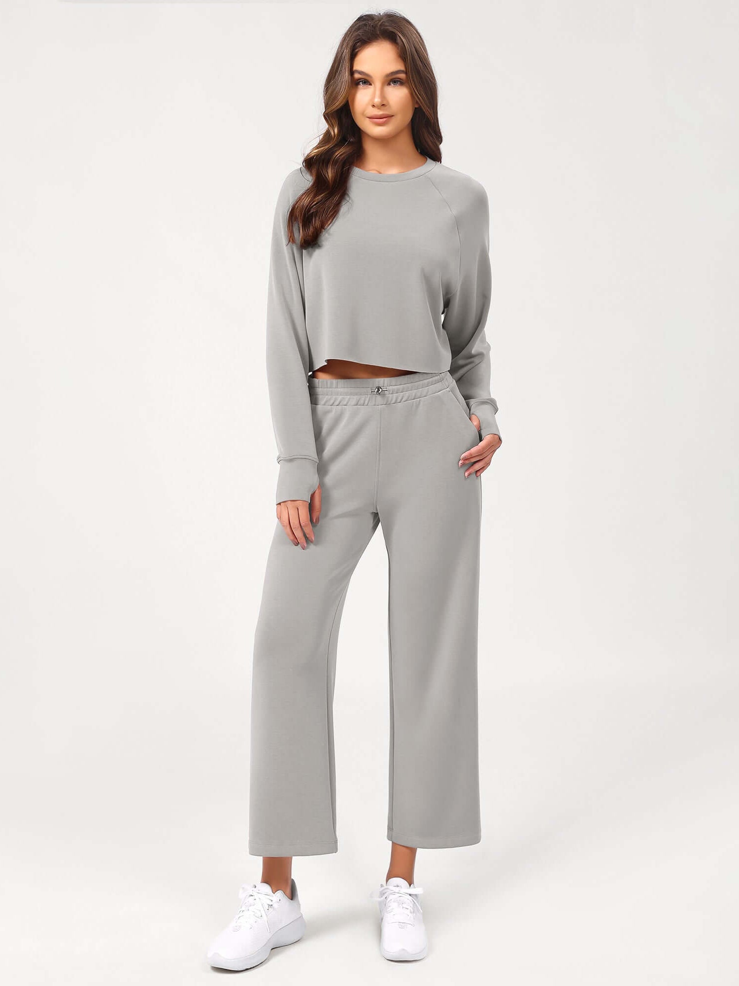 25 Adjustable Shockcord High Waist Casual Lounge Pants with Pockets Light Gray - ododos