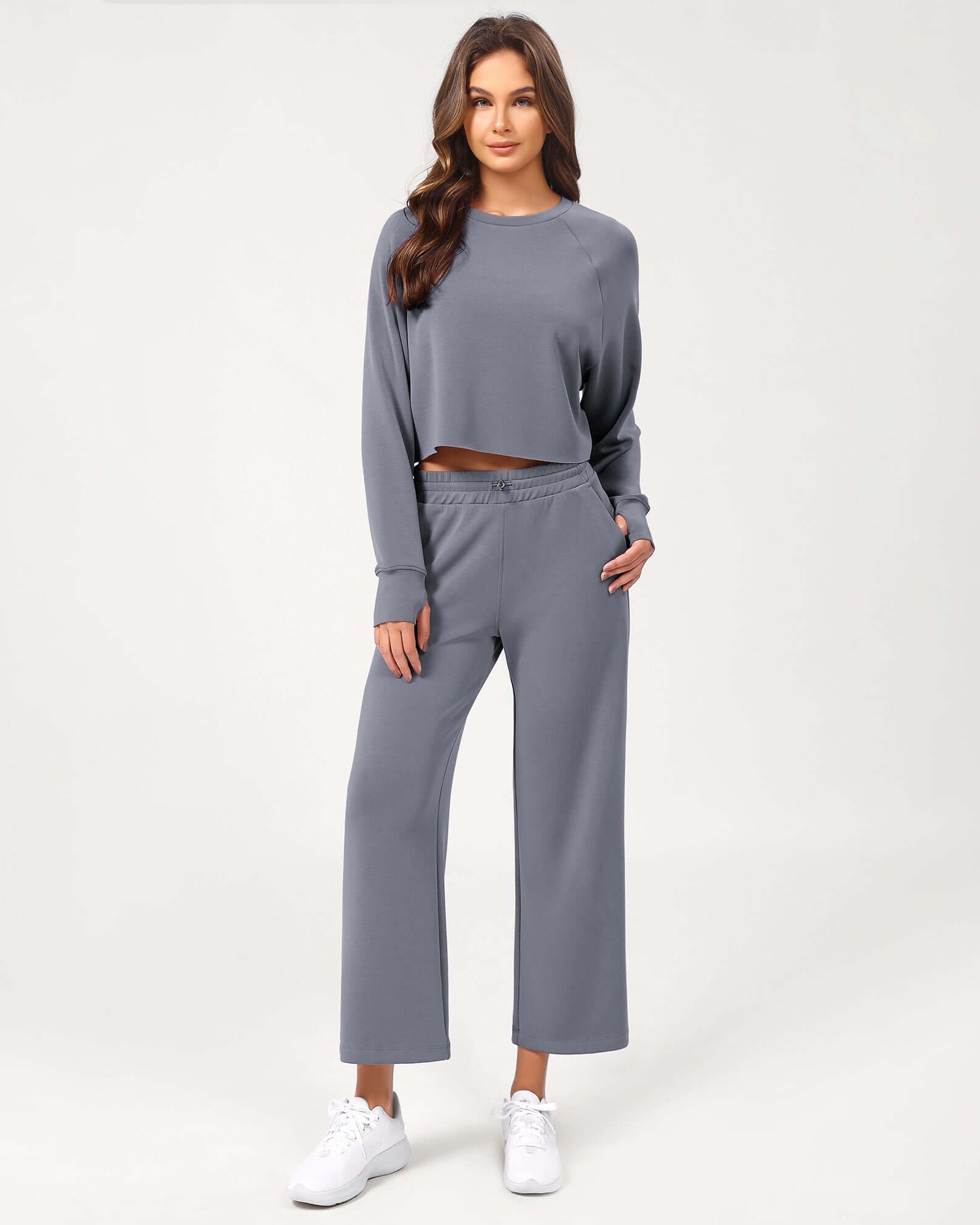 25 Adjustable Shockcord High Waist Casual Lounge Pants with Pockets Purple Gray - ododos