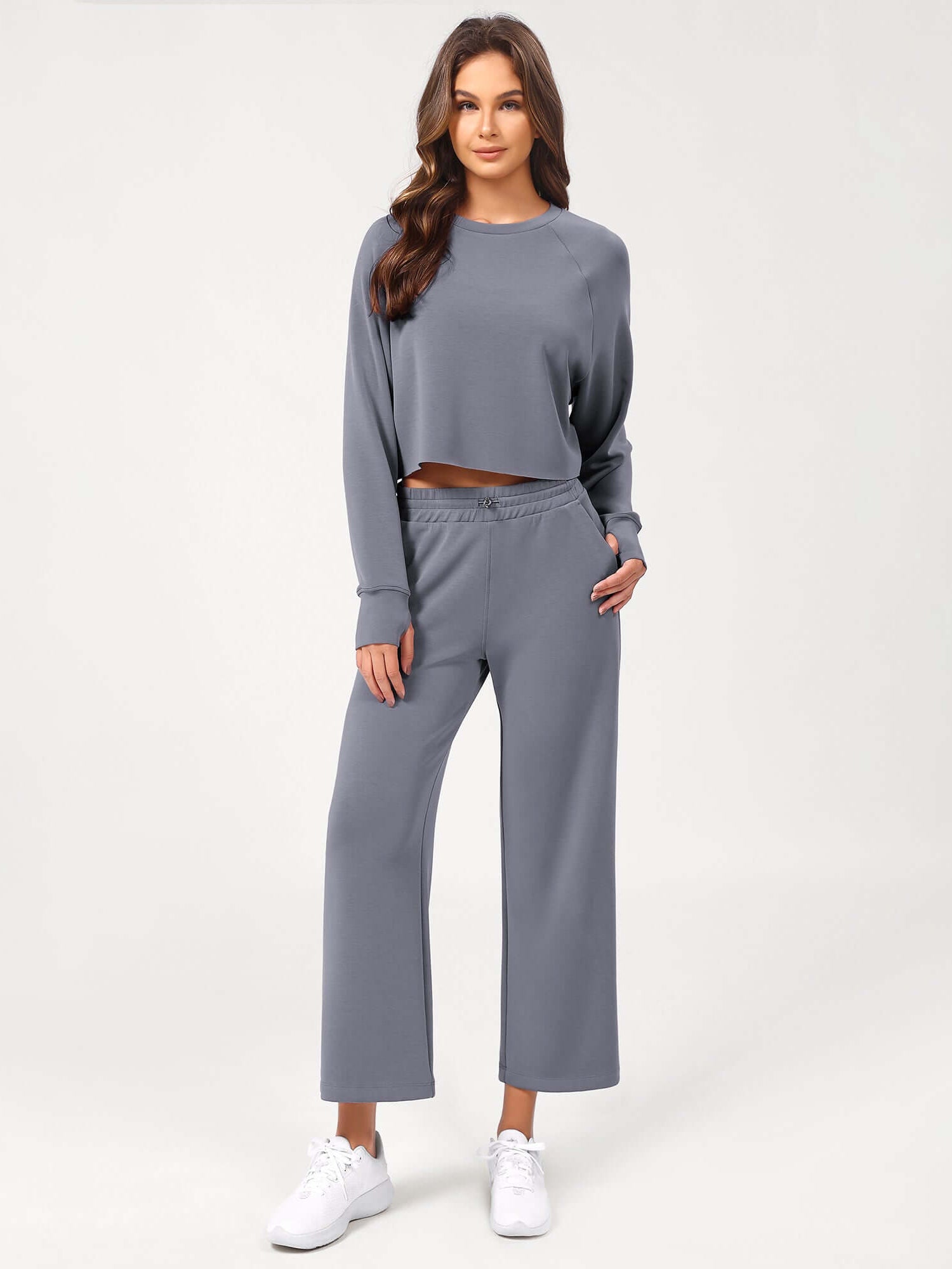 25 Adjustable Shockcord High Waist Casual Lounge Pants with Pockets Purple Gray - ododos
