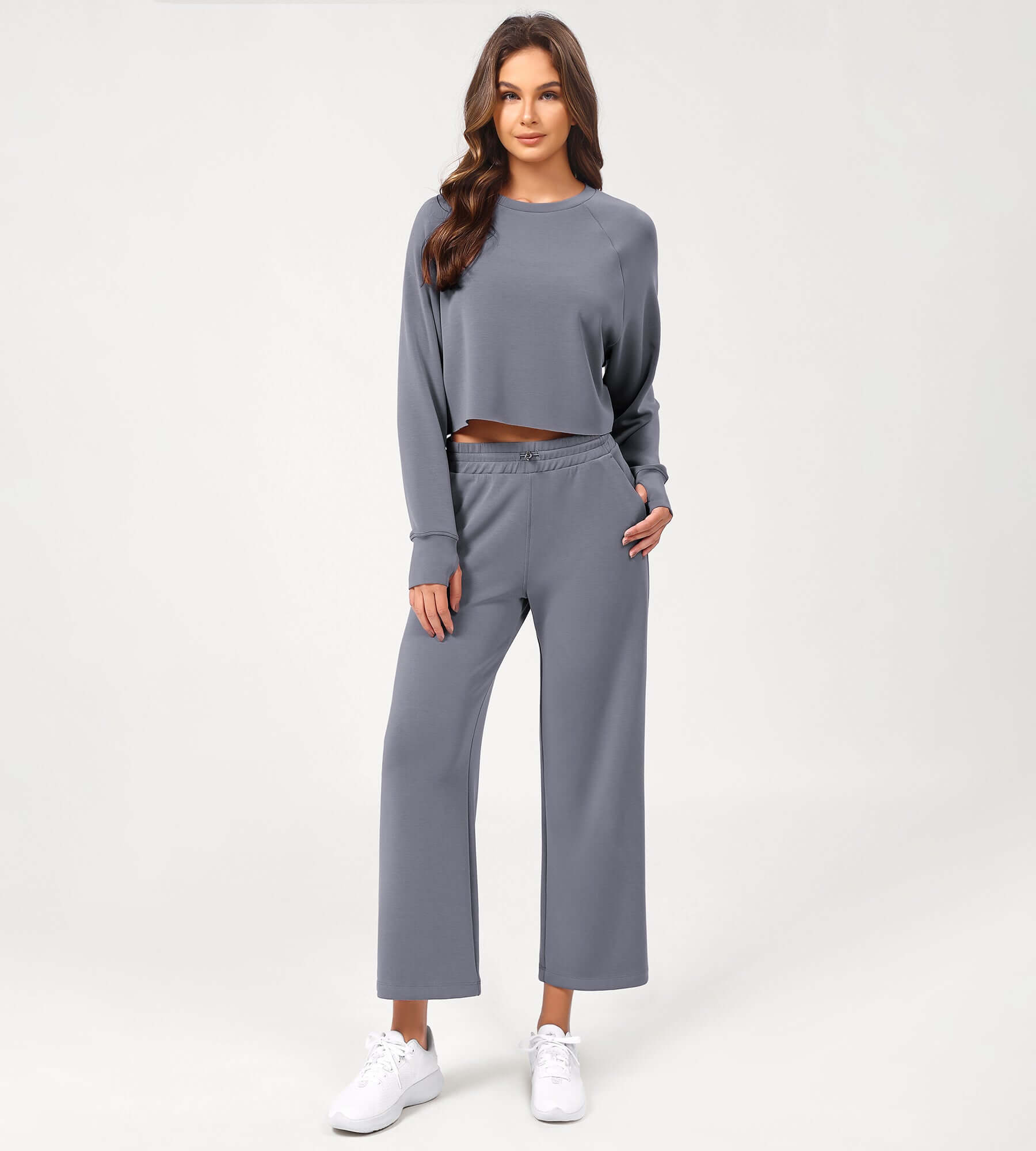 25 Adjustable Shockcord High Waist Casual Lounge Pants with Pockets Purple Gray - ododos