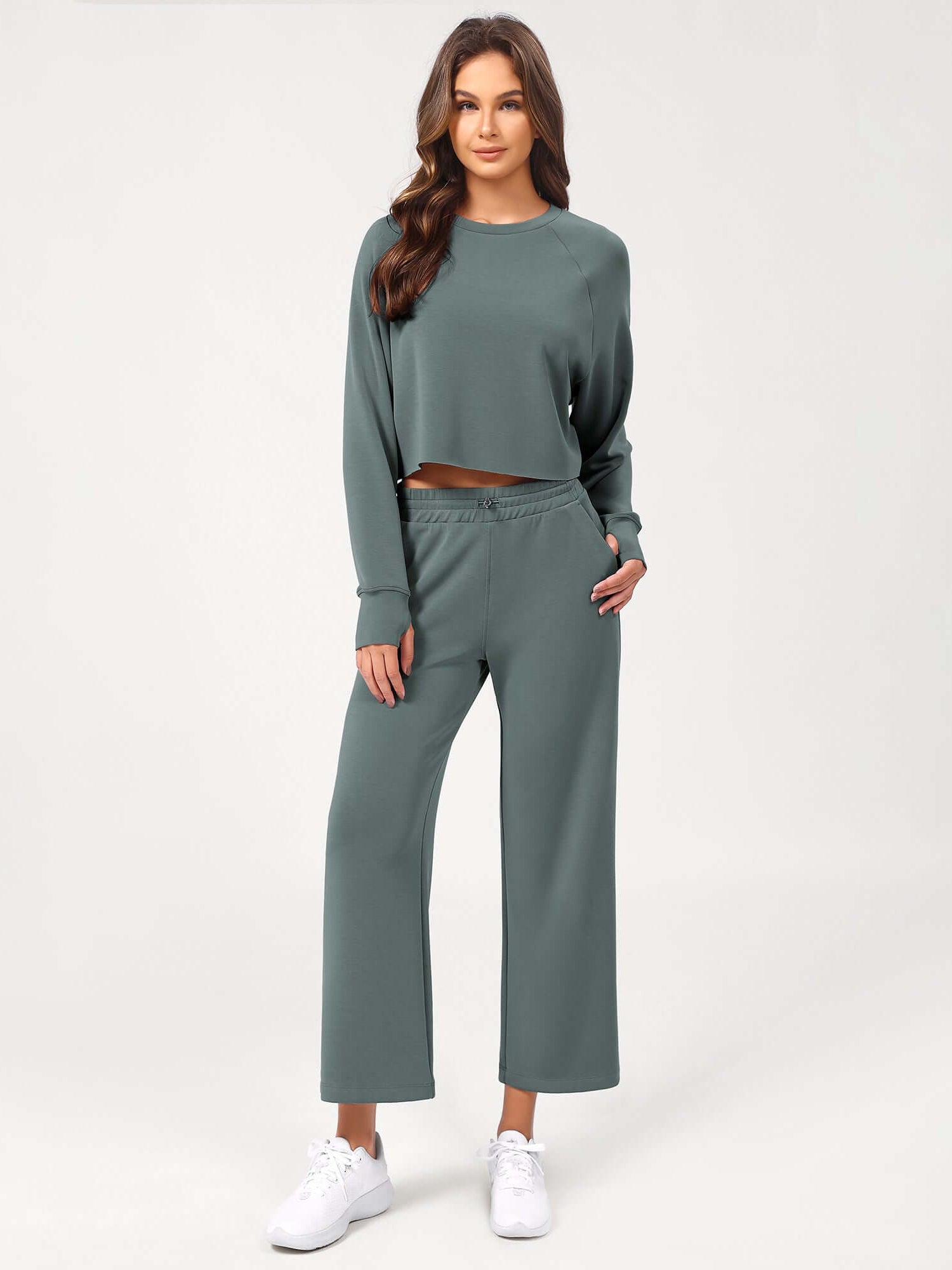 25 Adjustable Shockcord High Waist Casual Lounge Pants with Pockets Slate Green - ododos