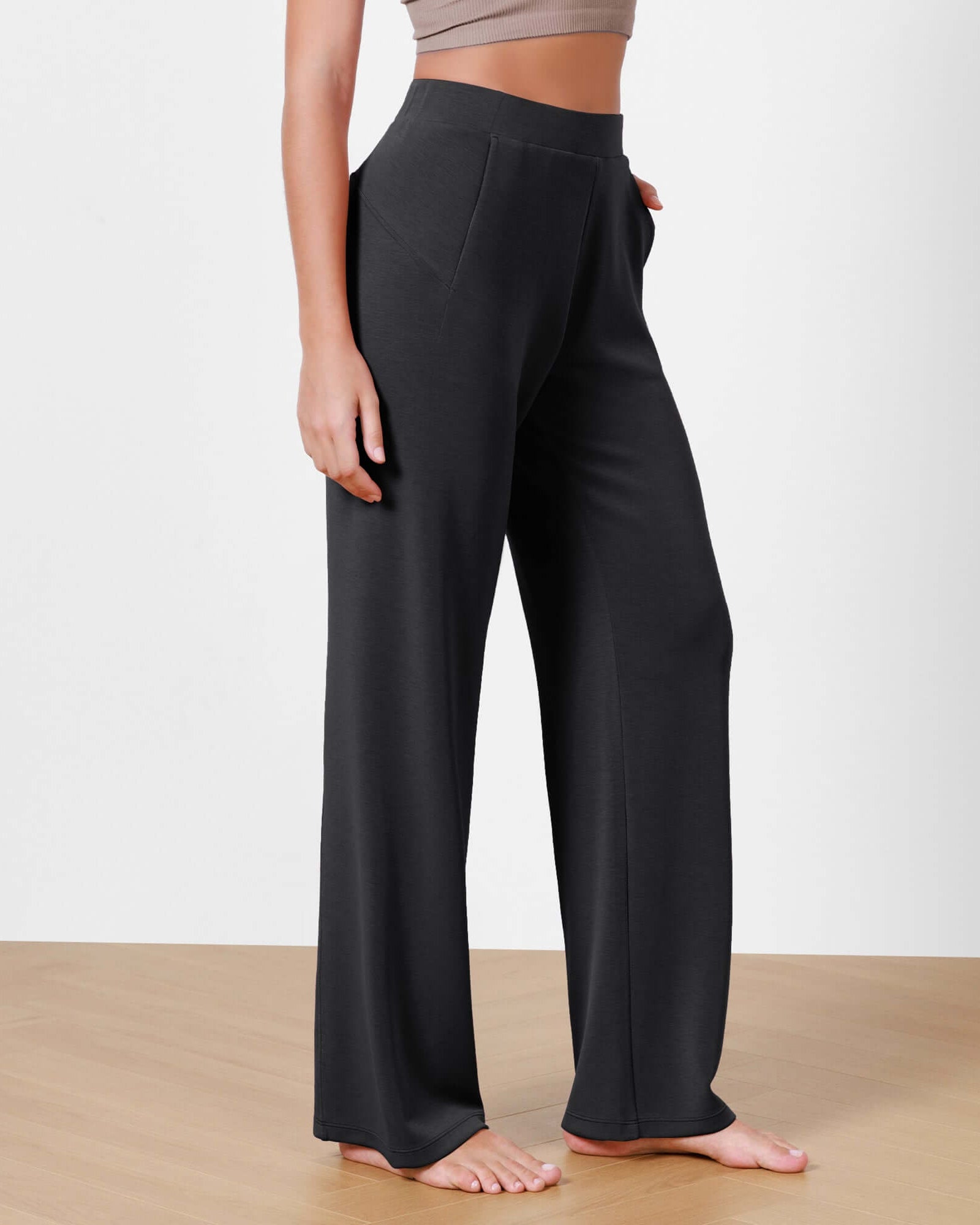 Women's Modal Soft Wide Leg Elastic High Waist Lounge Pants with Pockets Black - ododos