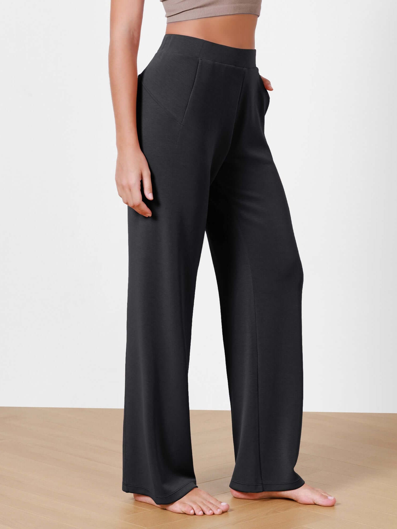 Women's Modal Soft Wide Leg Elastic High Waist Lounge Pants with Pockets Black - ododos