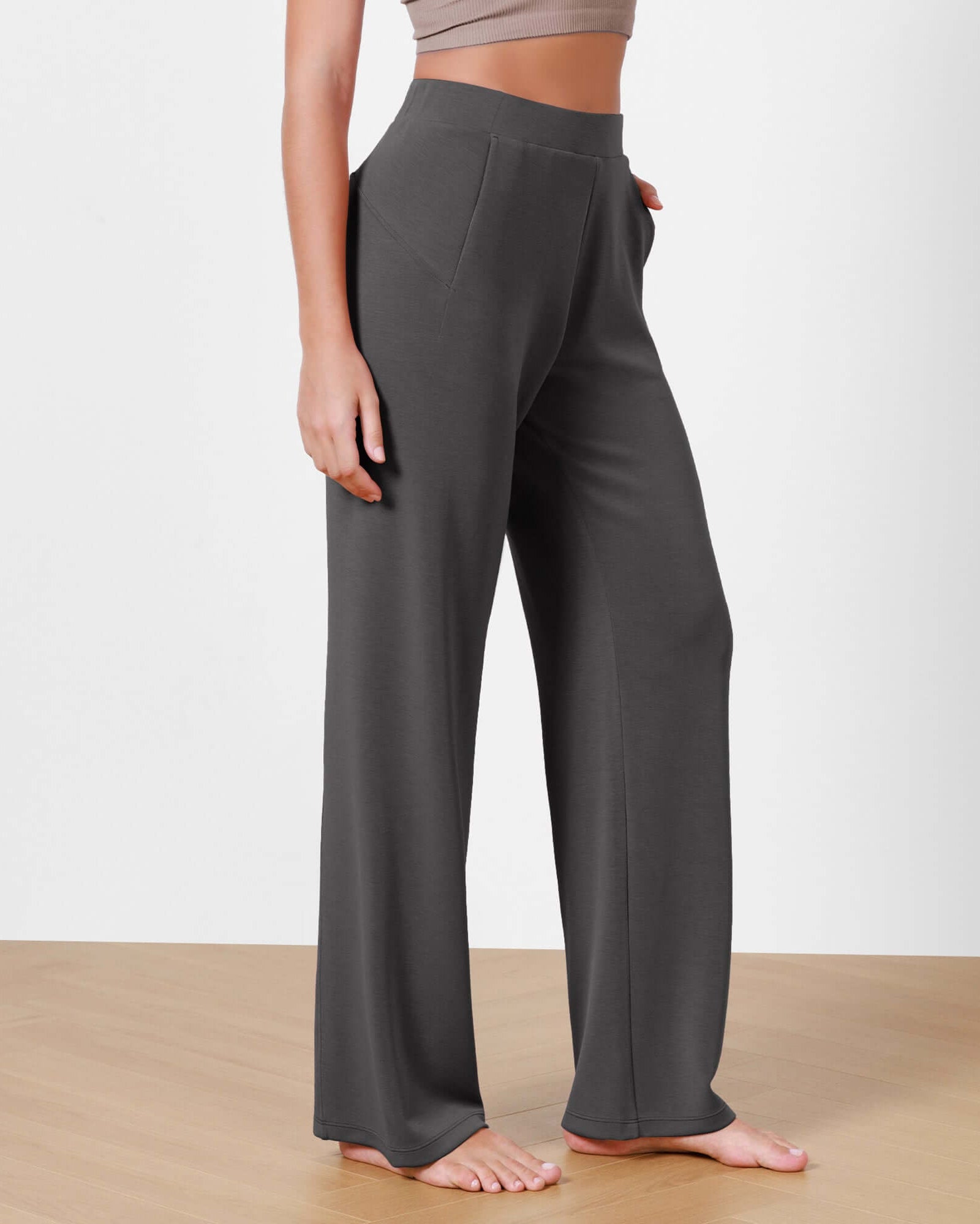 Women's Modal Soft Wide Leg Elastic High Waist Lounge Pants with Pockets Charcoal - ododos