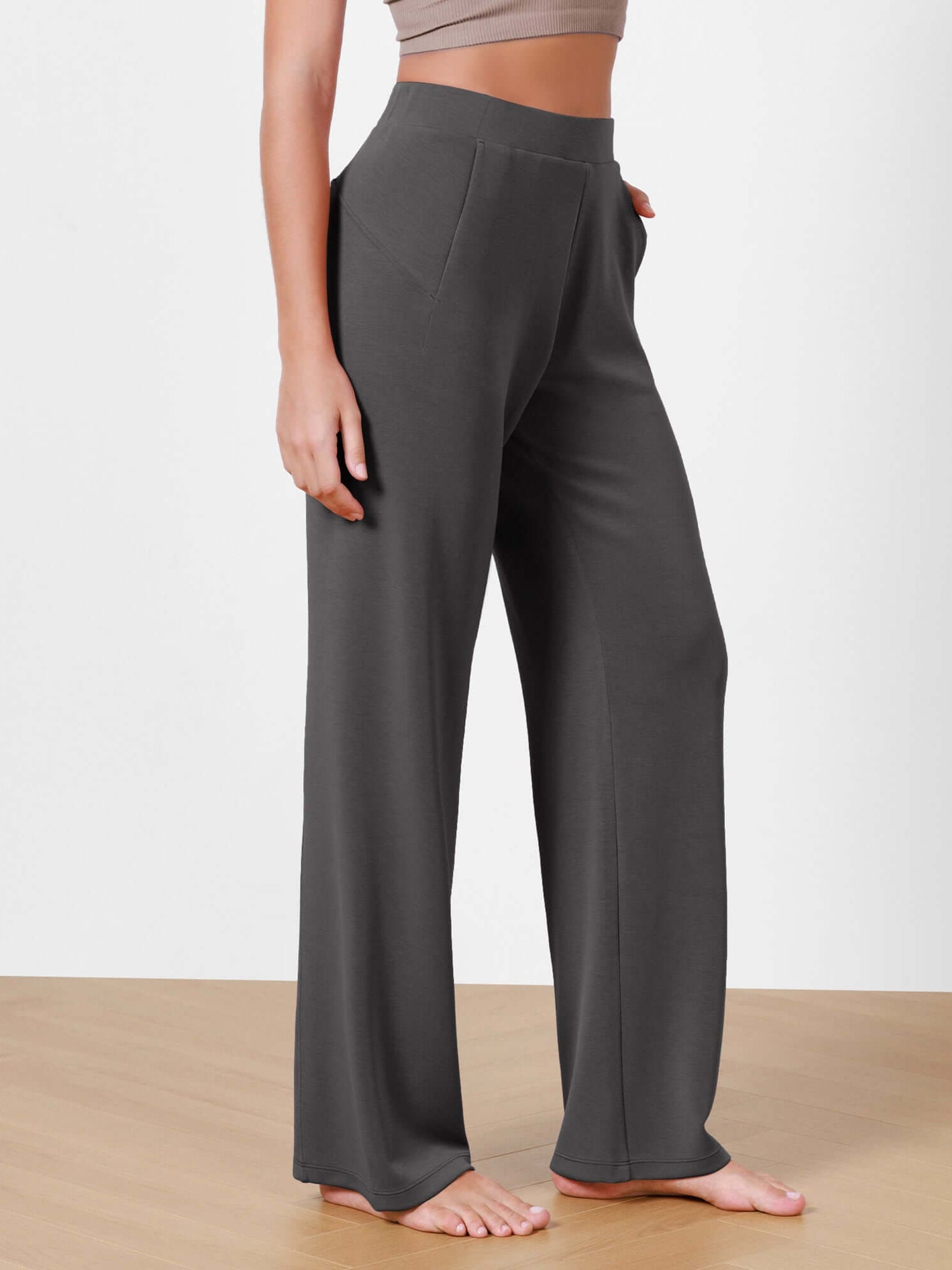 Women's Modal Soft Wide Leg Elastic High Waist Lounge Pants with Pockets Charcoal - ododos