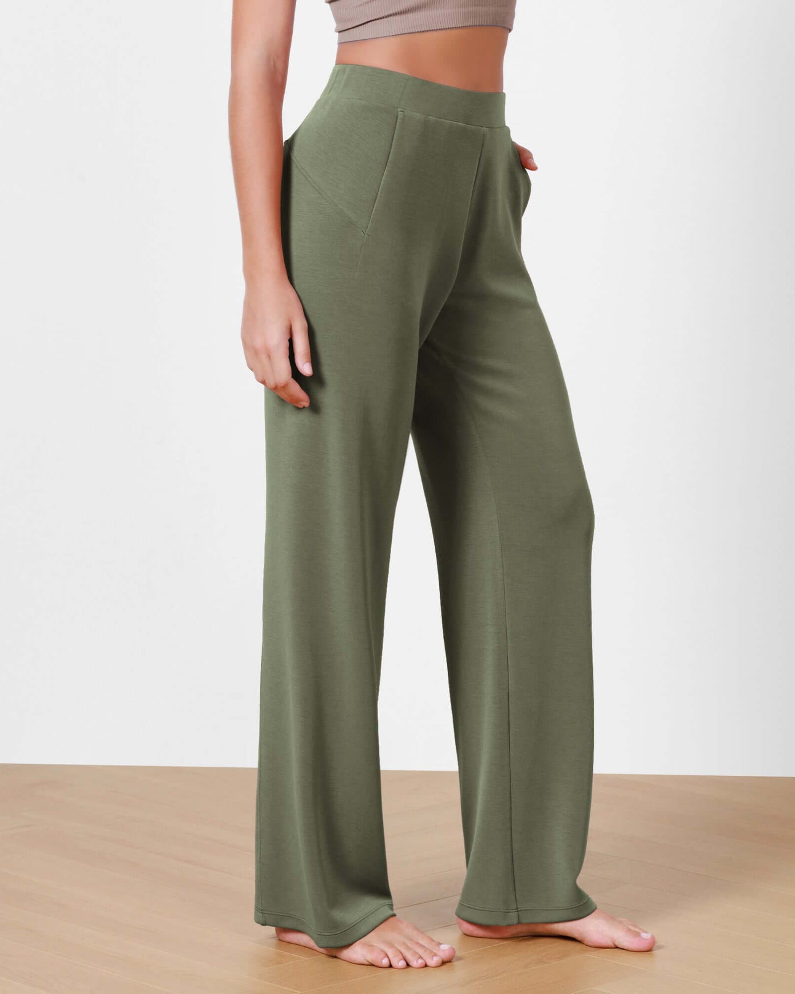 Women's Modal Soft Wide Leg Elastic High Waist Lounge Pants with Pockets Dark Sage - ododos