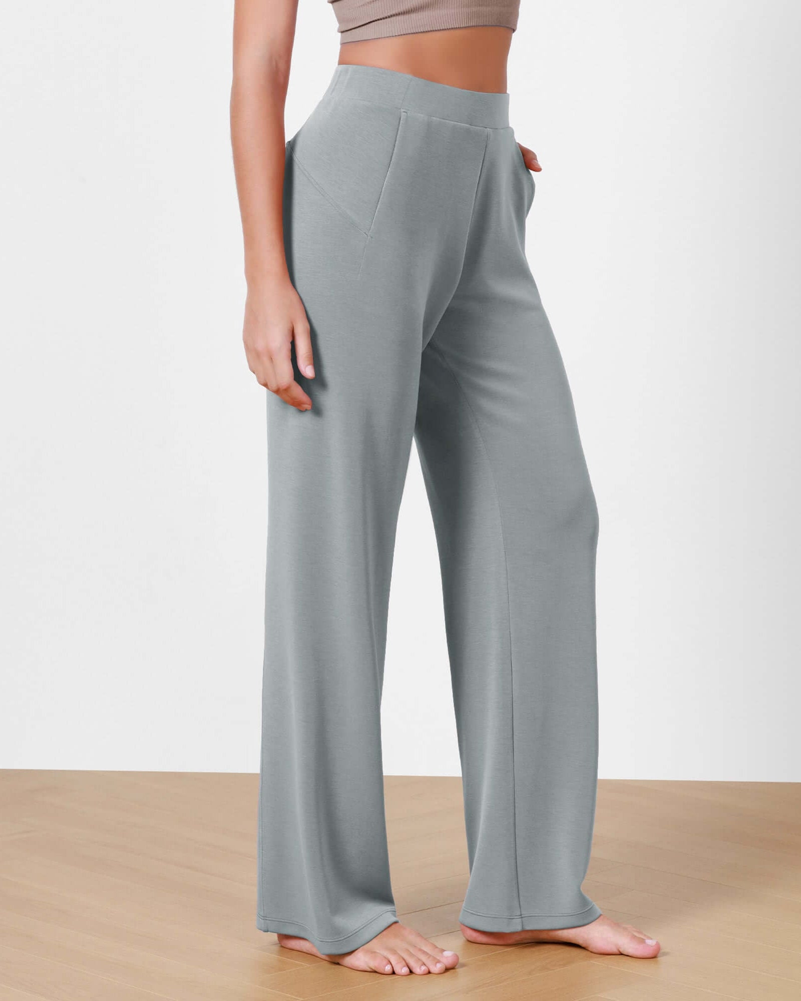 Women's Modal Soft Wide Leg Elastic High Waist Lounge Pants with Pockets Grey Blue - ododos