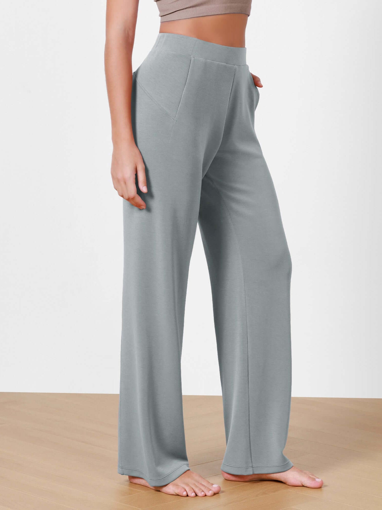 Women's Modal Soft Wide Leg Elastic High Waist Lounge Pants with Pockets Grey Blue - ododos
