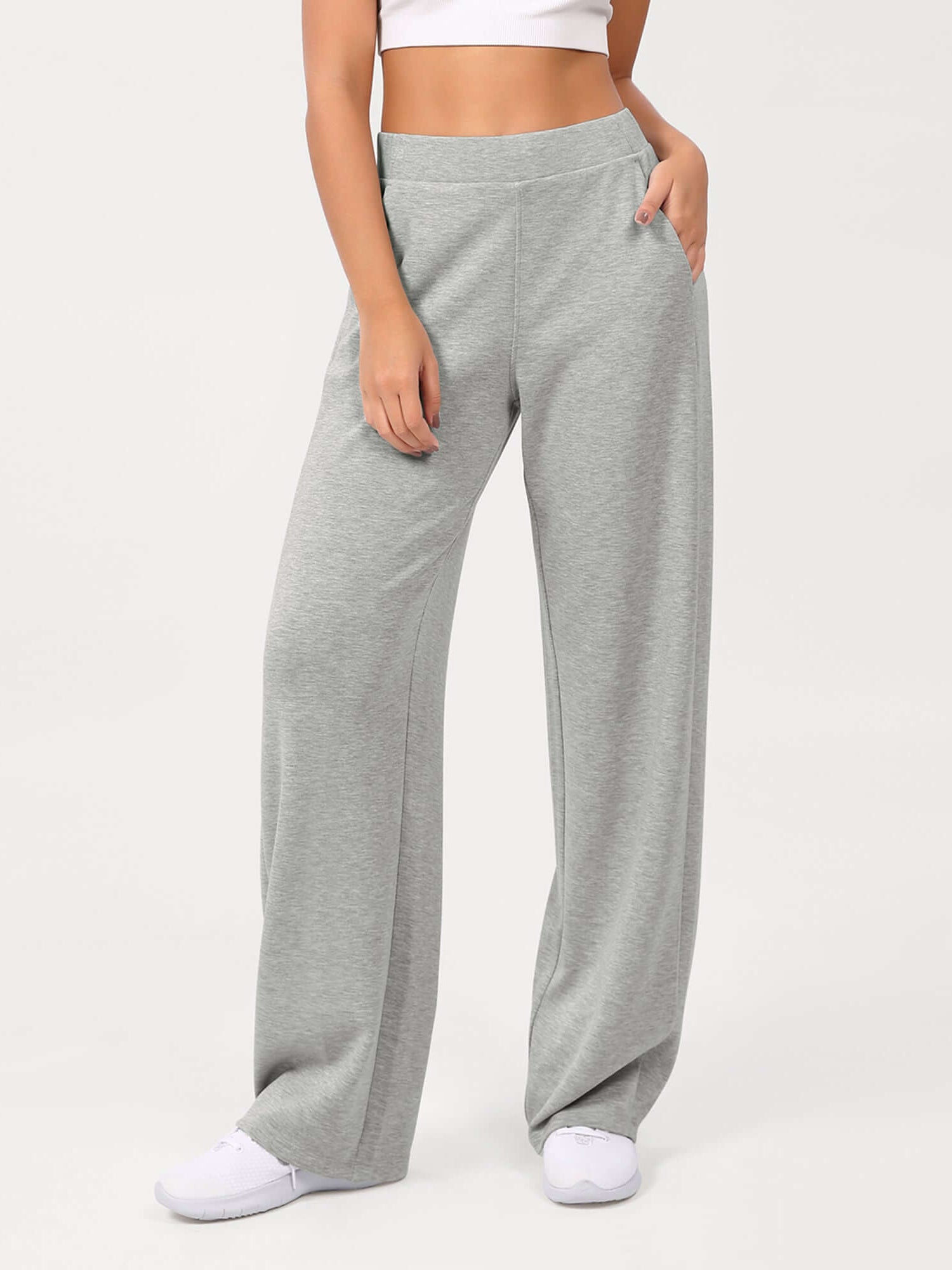 Women's Modal Soft Wide Leg Elastic High Waist Lounge Pants with Pockets Heather Grey - ododos