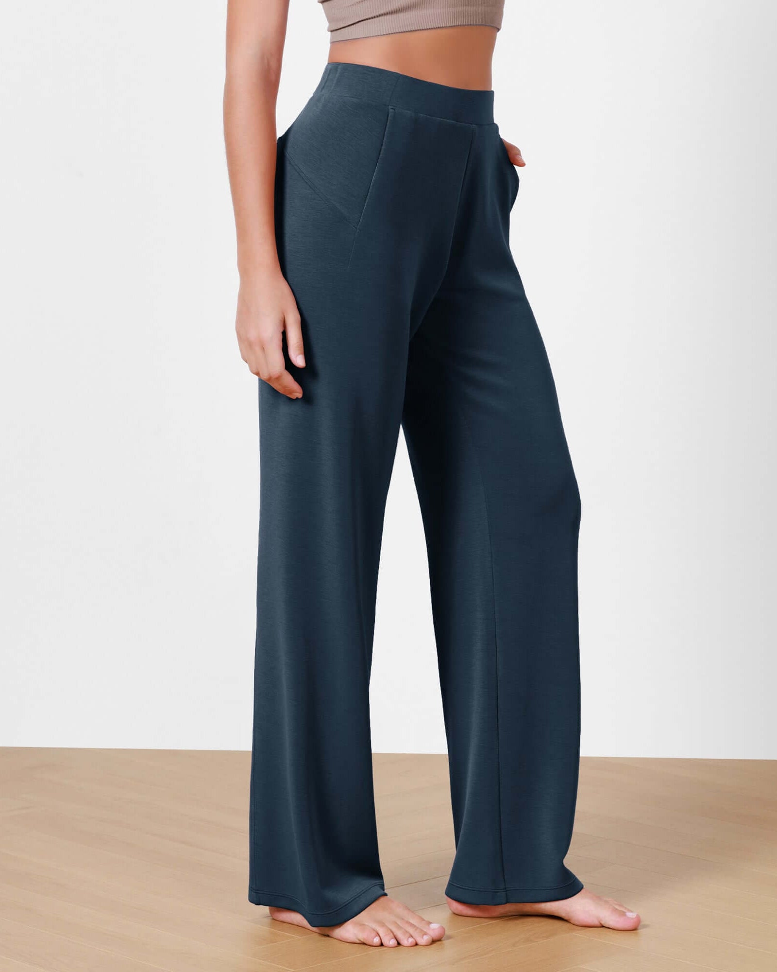 Women's Modal Soft Wide Leg Elastic High Waist Lounge Pants with Pockets Navy - ododos