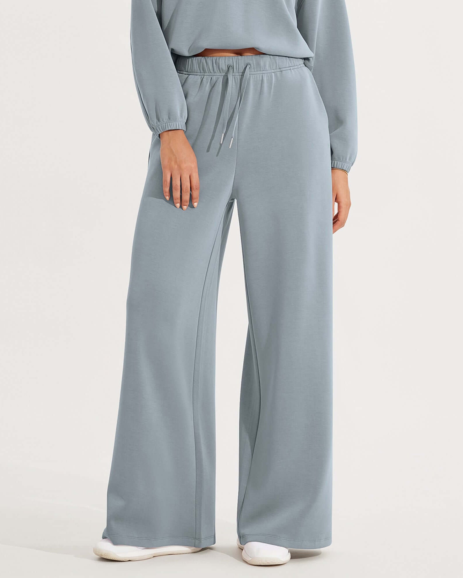 Modal Soft Drawstring High Waist Pull-On Casual Pants with Pockets Grey Blue - ododos