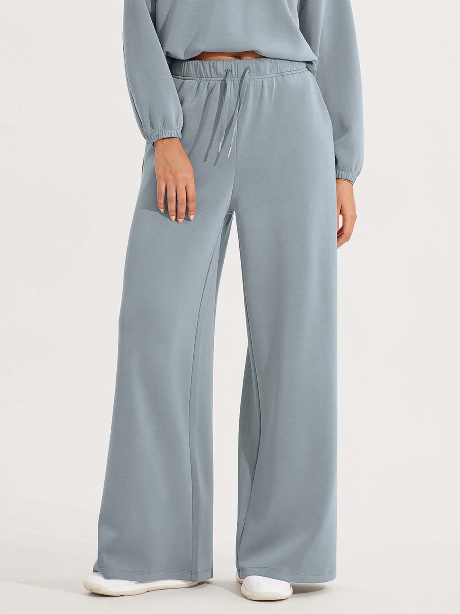 Modal Soft Drawstring High Waist Pull-On Casual Pants with Pockets Grey Blue - ododos