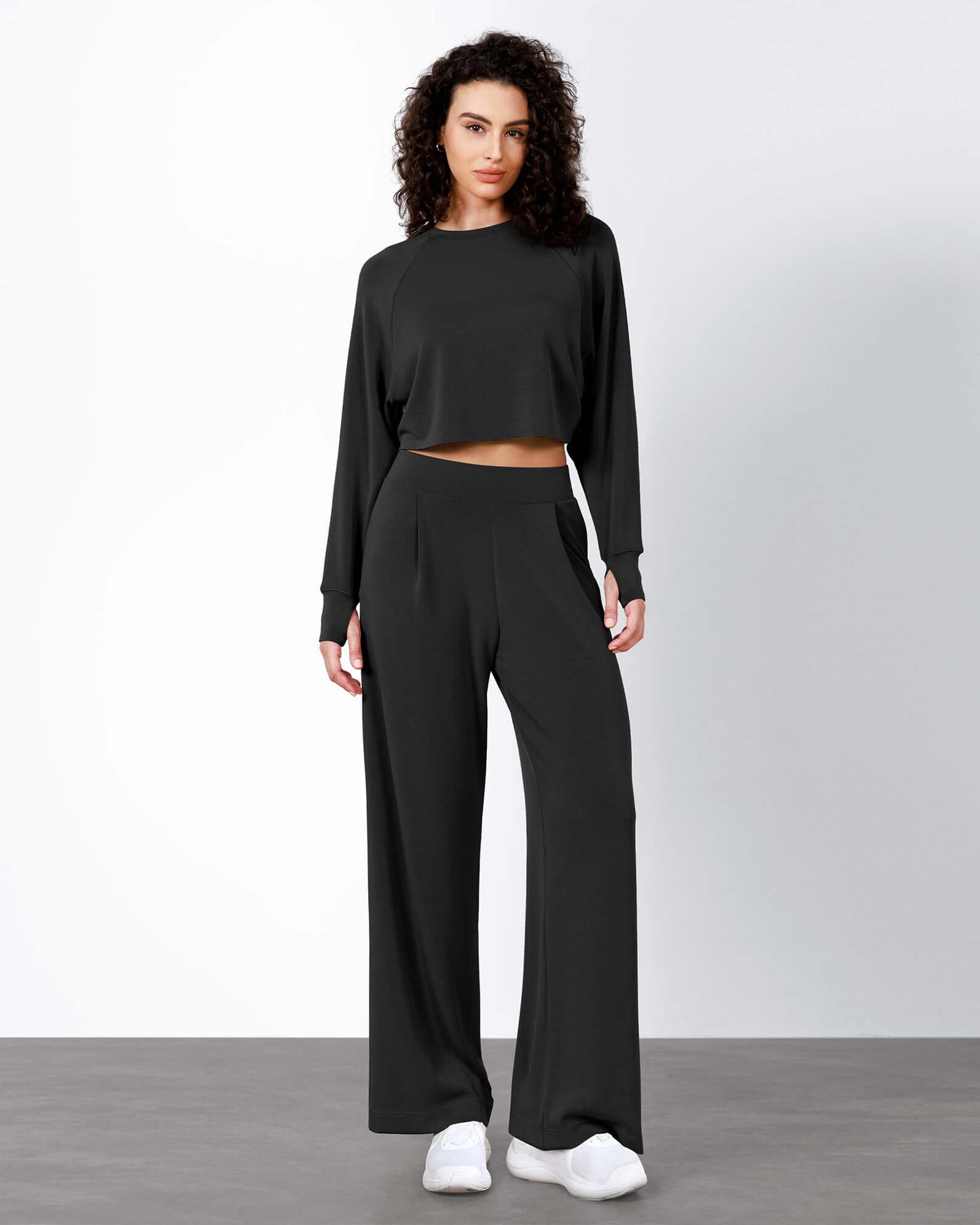Modal Soft High Waist Wide Leg Casual Pants with Pockets Black - ododos