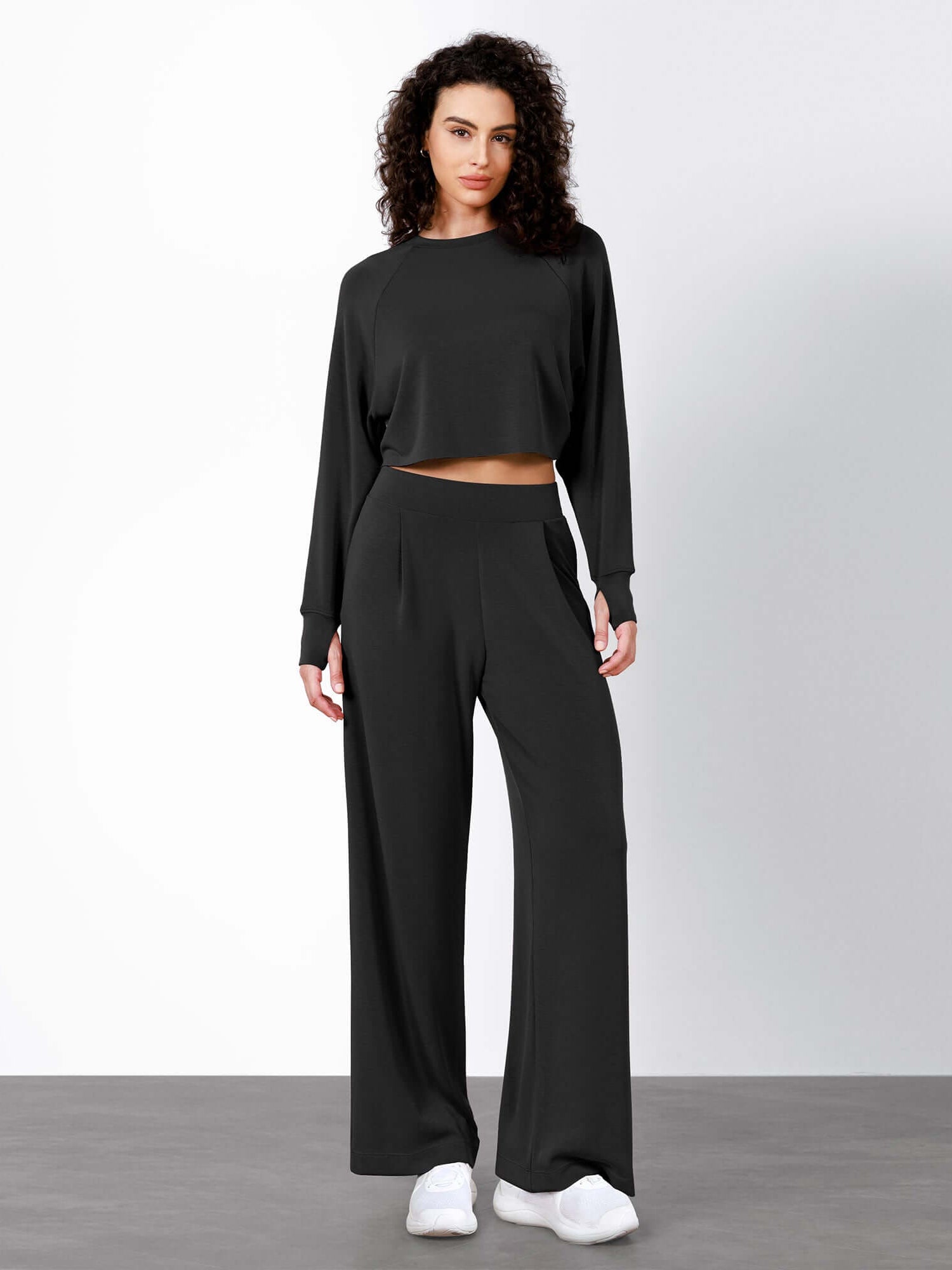 Modal Soft High Waist Wide Leg Casual Pants with Pockets Black - ododos
