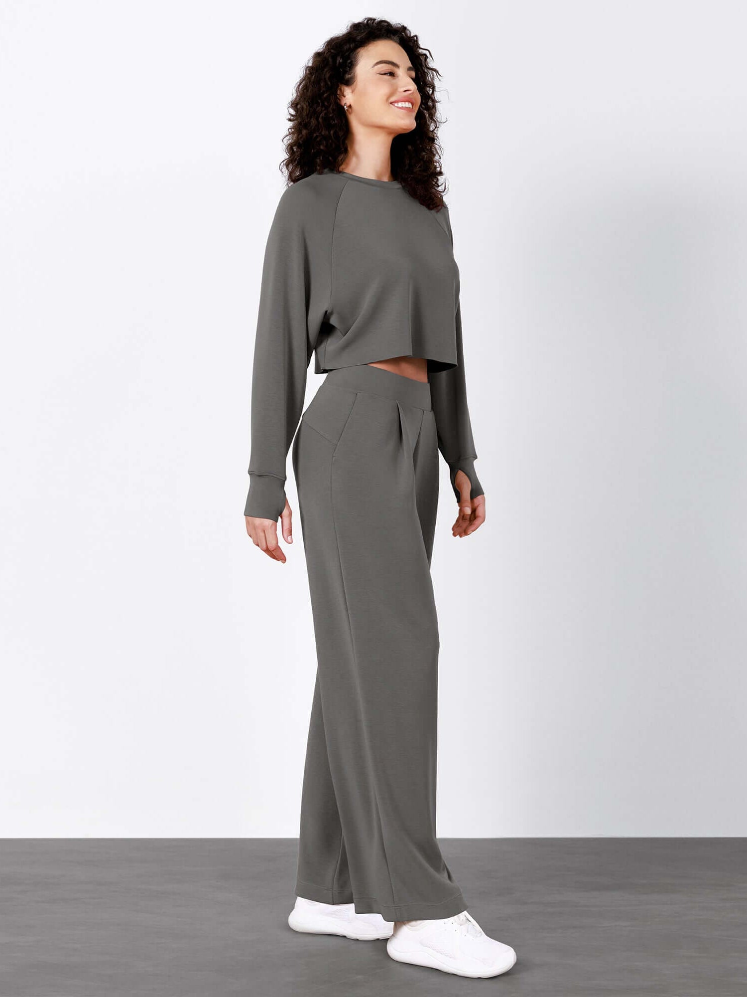 Modal Soft High Waist Wide Leg Casual Pants with Pockets Charcoal - ododos