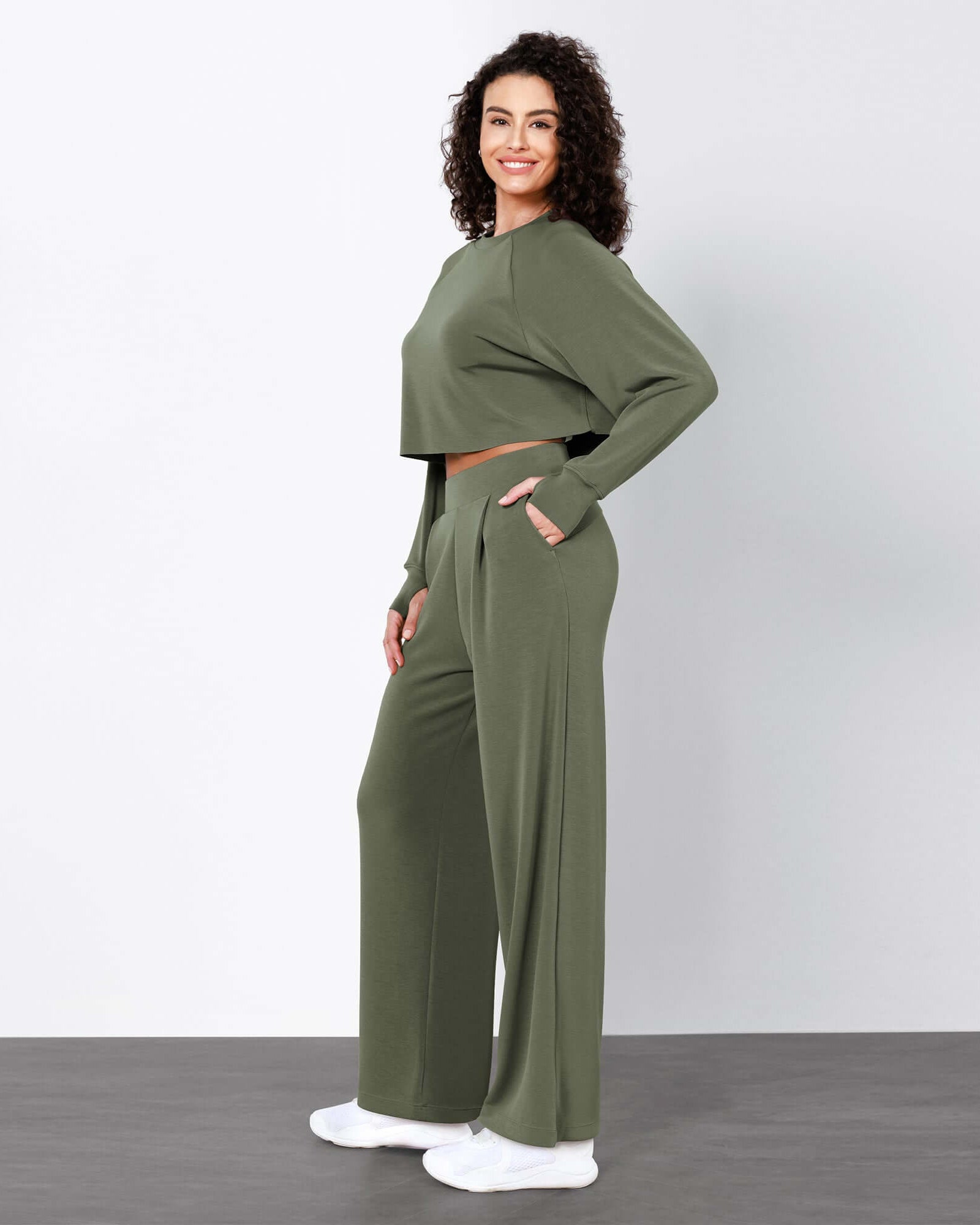 Modal Soft High Waist Wide Leg Casual Pants with Pockets Dark Sage - ododos