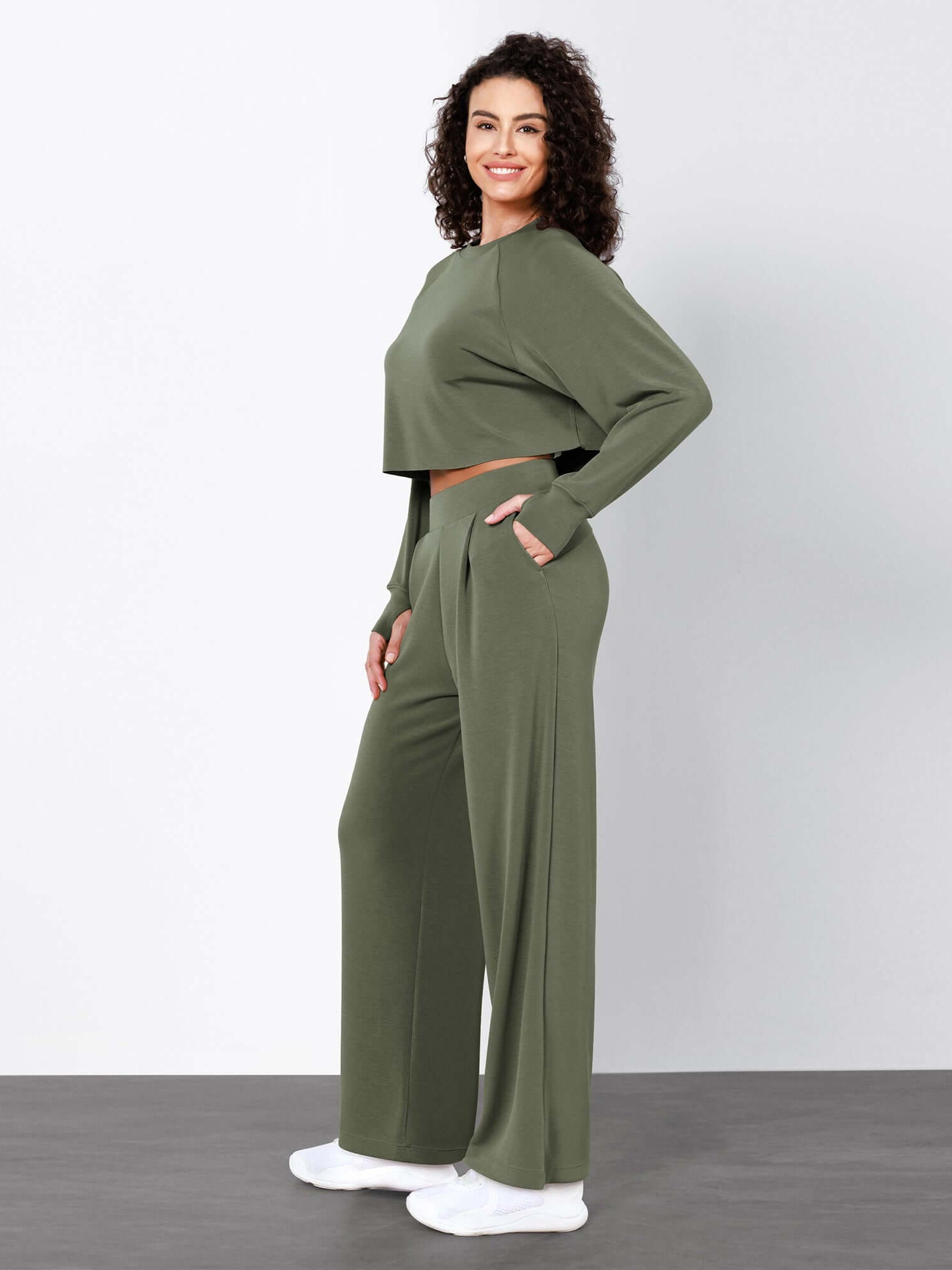 Modal Soft High Waist Wide Leg Casual Pants with Pockets Dark Sage - ododos