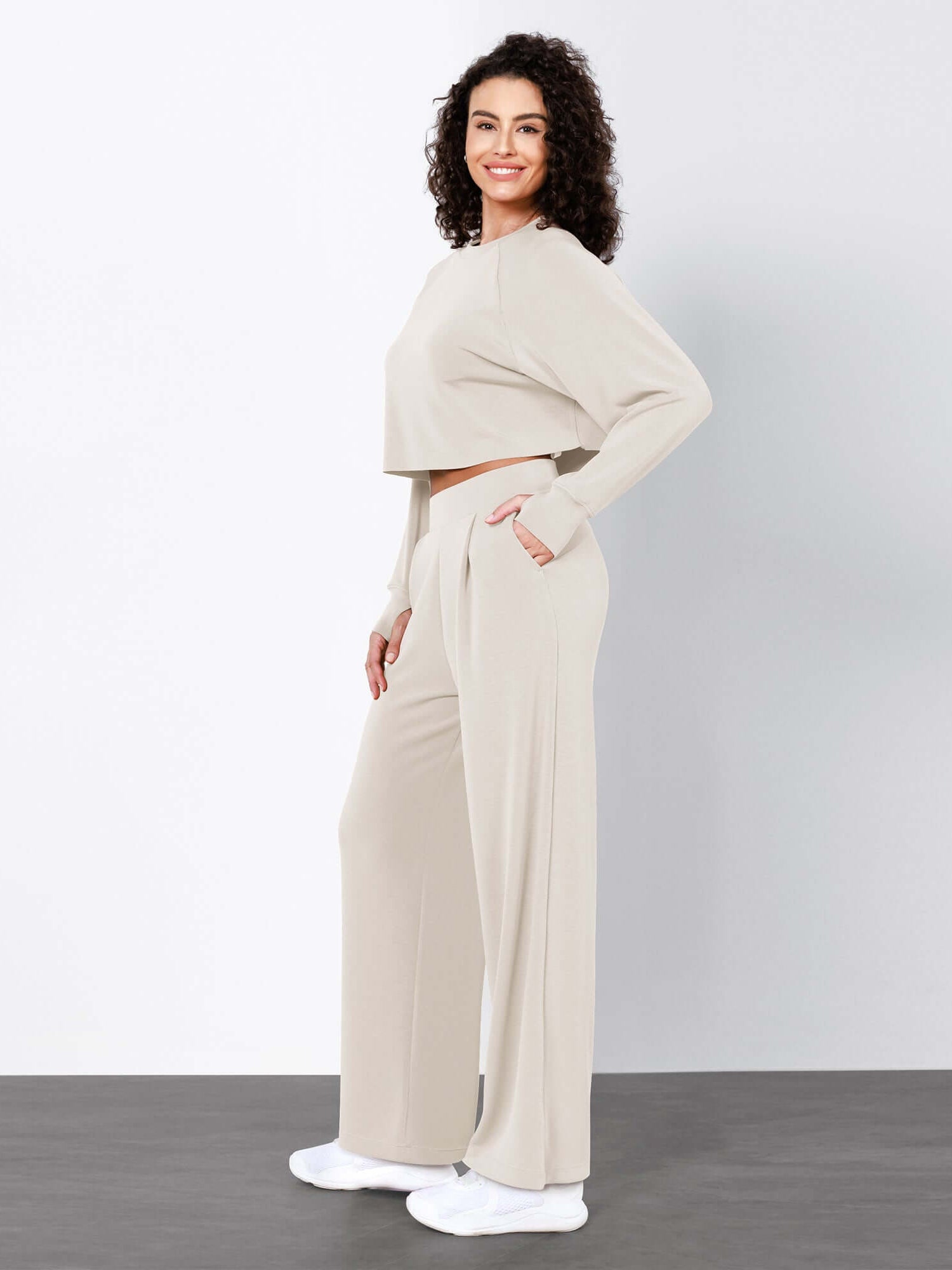 Modal Soft High Waist Wide Leg Casual Pants with Pockets Ivory - ododos