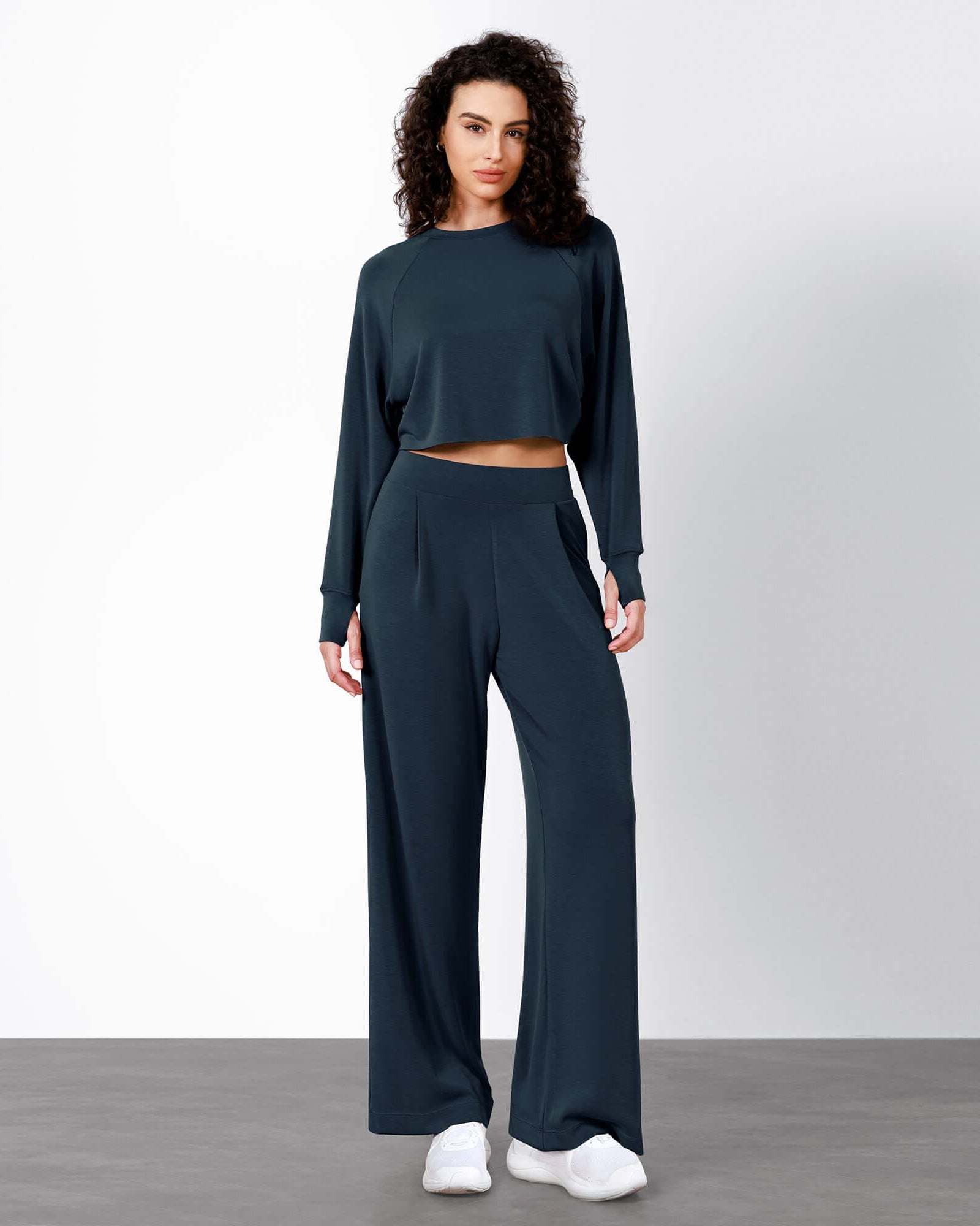 Modal Soft High Waist Wide Leg Casual Pants with Pockets Navy - ododos