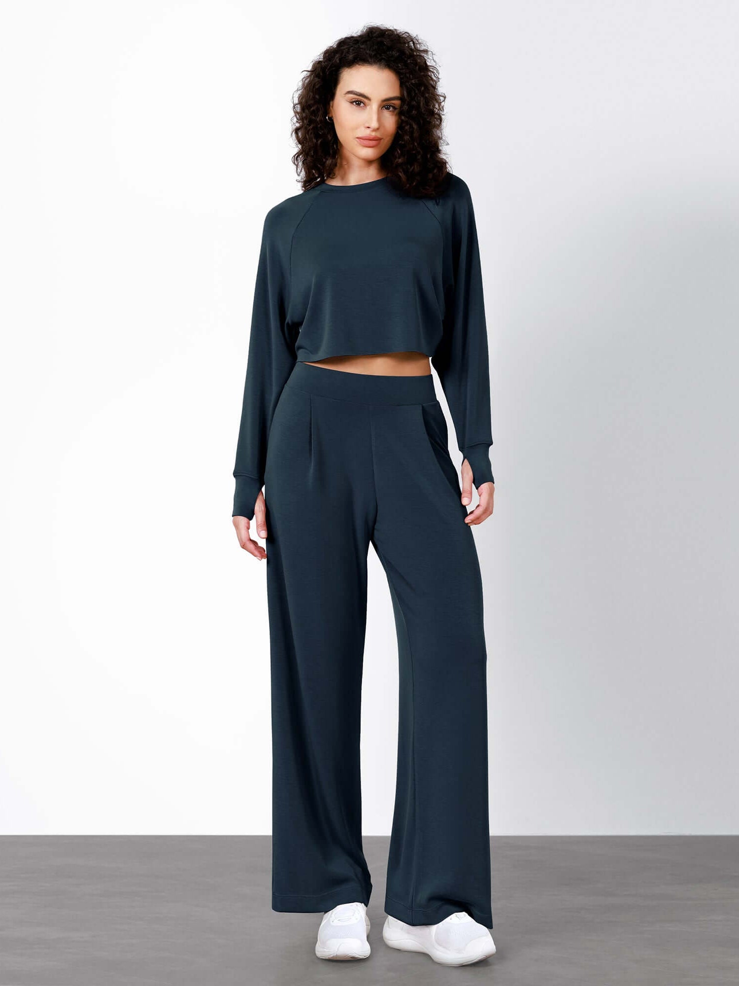 Modal Soft High Waist Wide Leg Casual Pants with Pockets Navy - ododos
