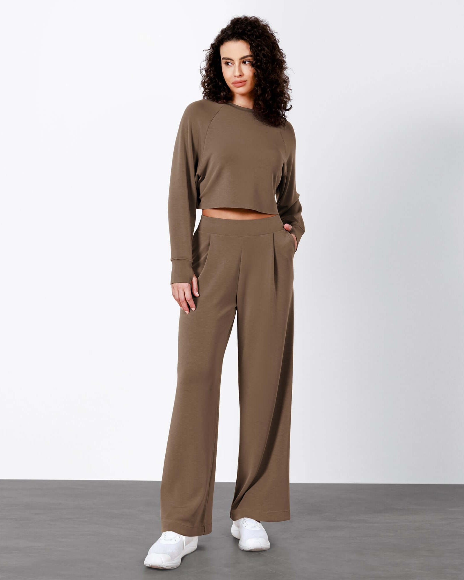 Modal Soft High Waist Wide Leg Casual Pants with Pockets Nutria - ododos