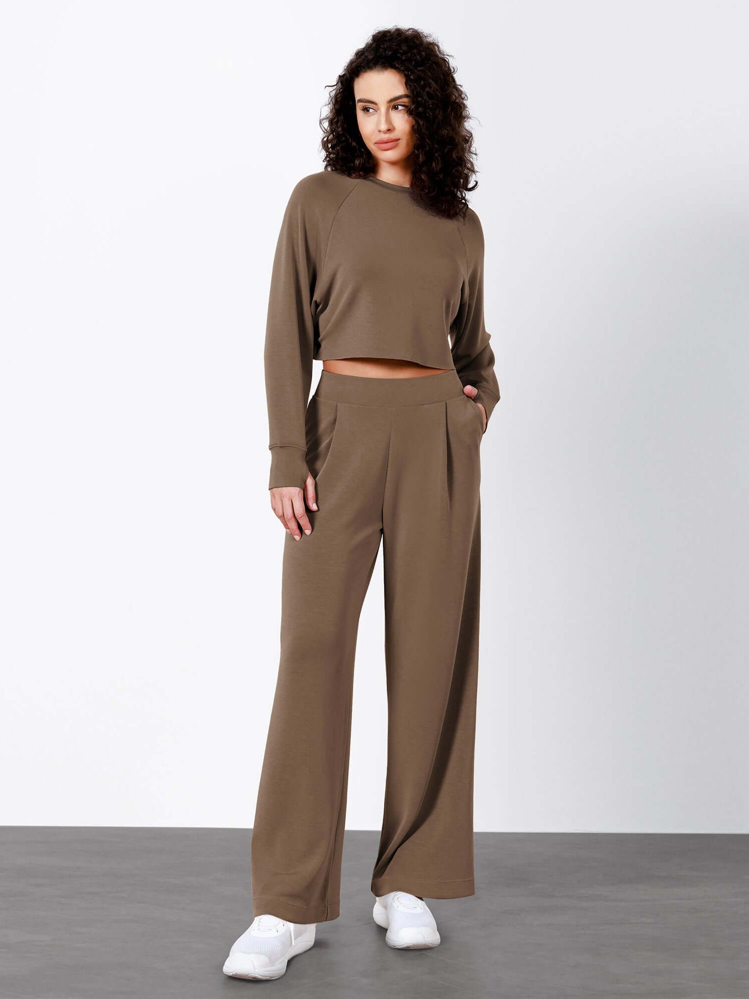 Modal Soft High Waist Wide Leg Casual Pants with Pockets Nutria - ododos