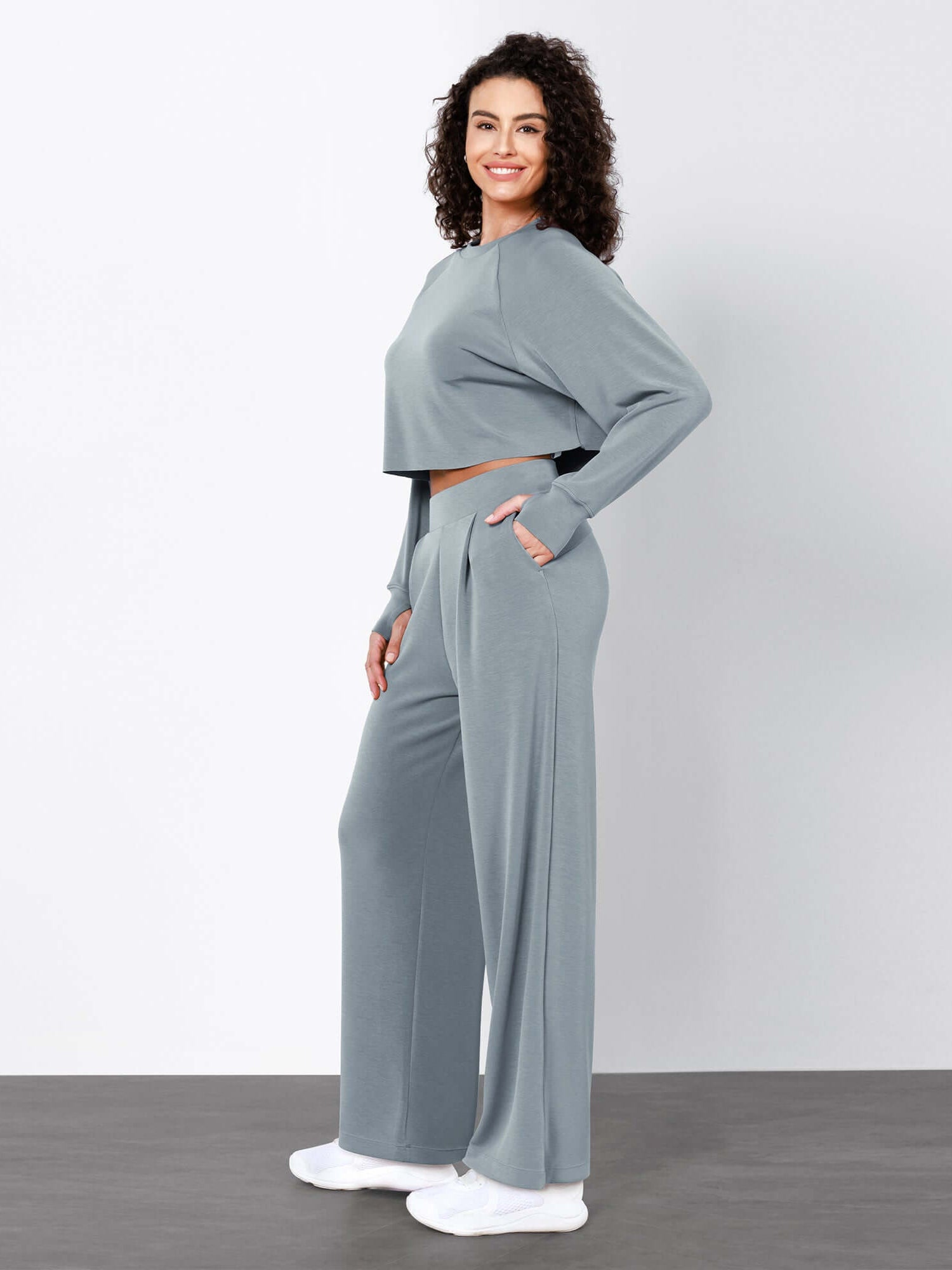 Modal Soft High Waist Wide Leg Casual Pants with Pockets Slate Grey - ododos