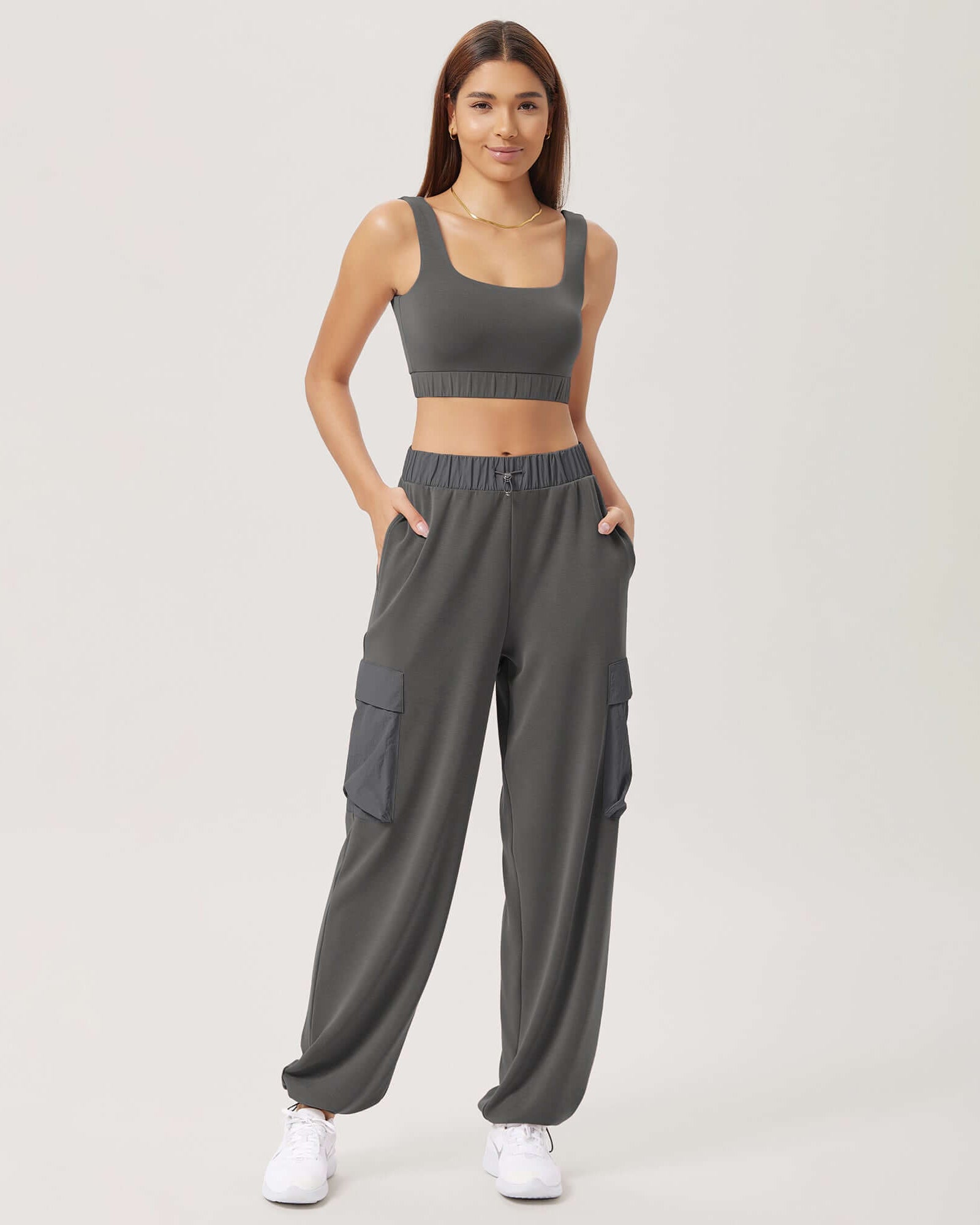 Wide Leg Cargo Adjustable Shockcord Loose Jogger Pants with Pockets Charcoal - ododos