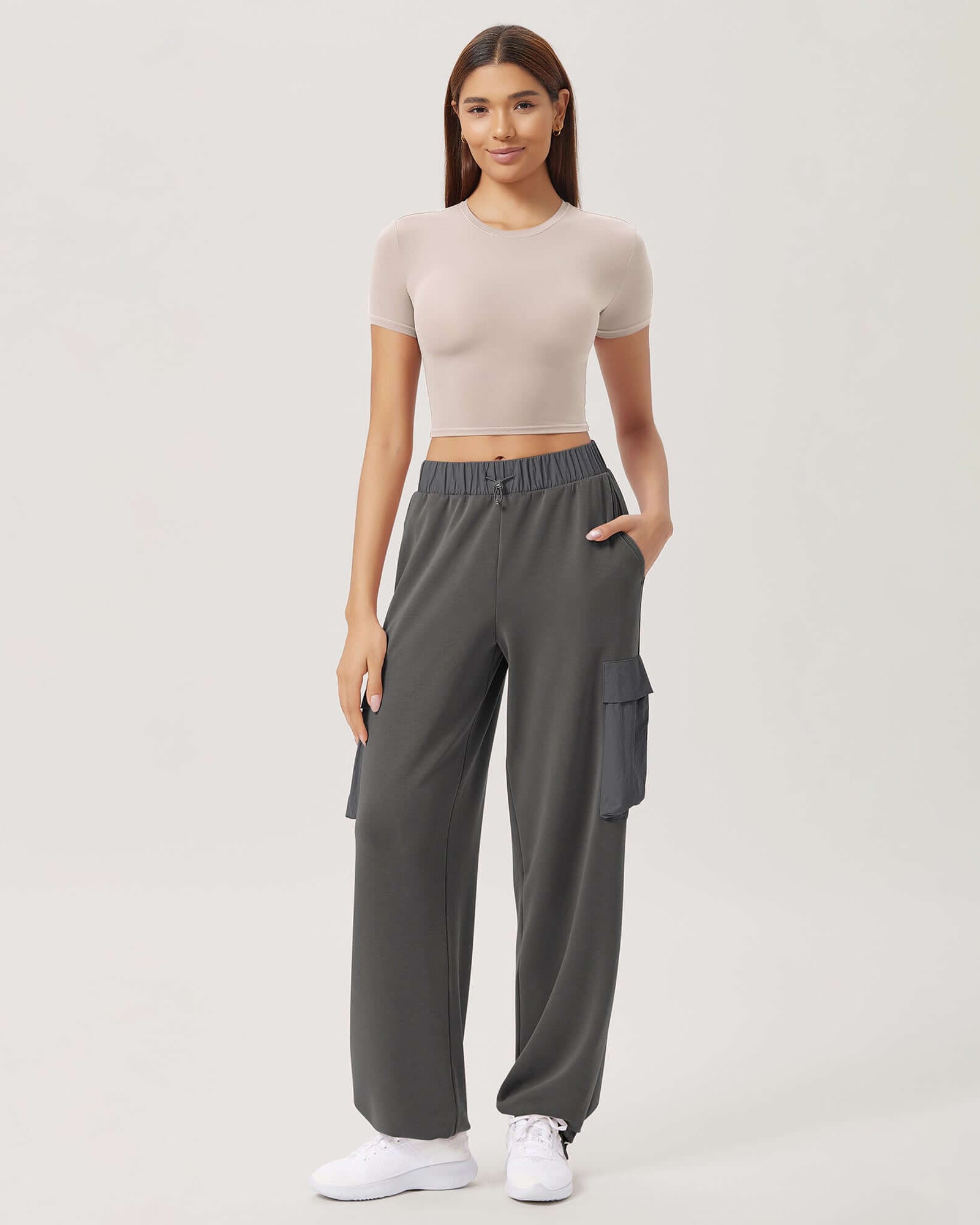 Wide Leg Cargo Adjustable Shockcord Loose Jogger Pants with Pockets - ododos