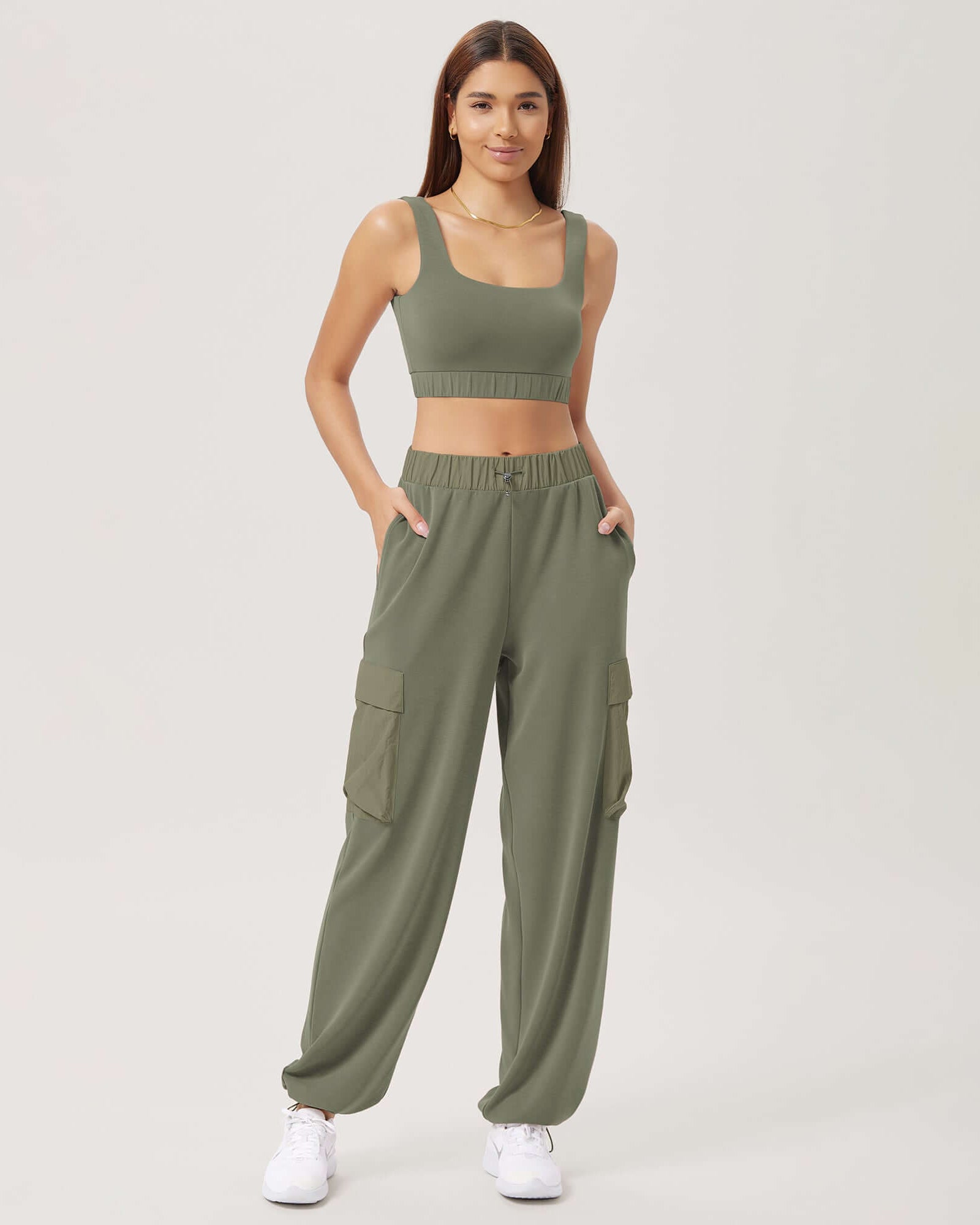 Wide Leg Cargo Adjustable Shockcord Loose Jogger Pants with Pockets Dark Sage - ododos