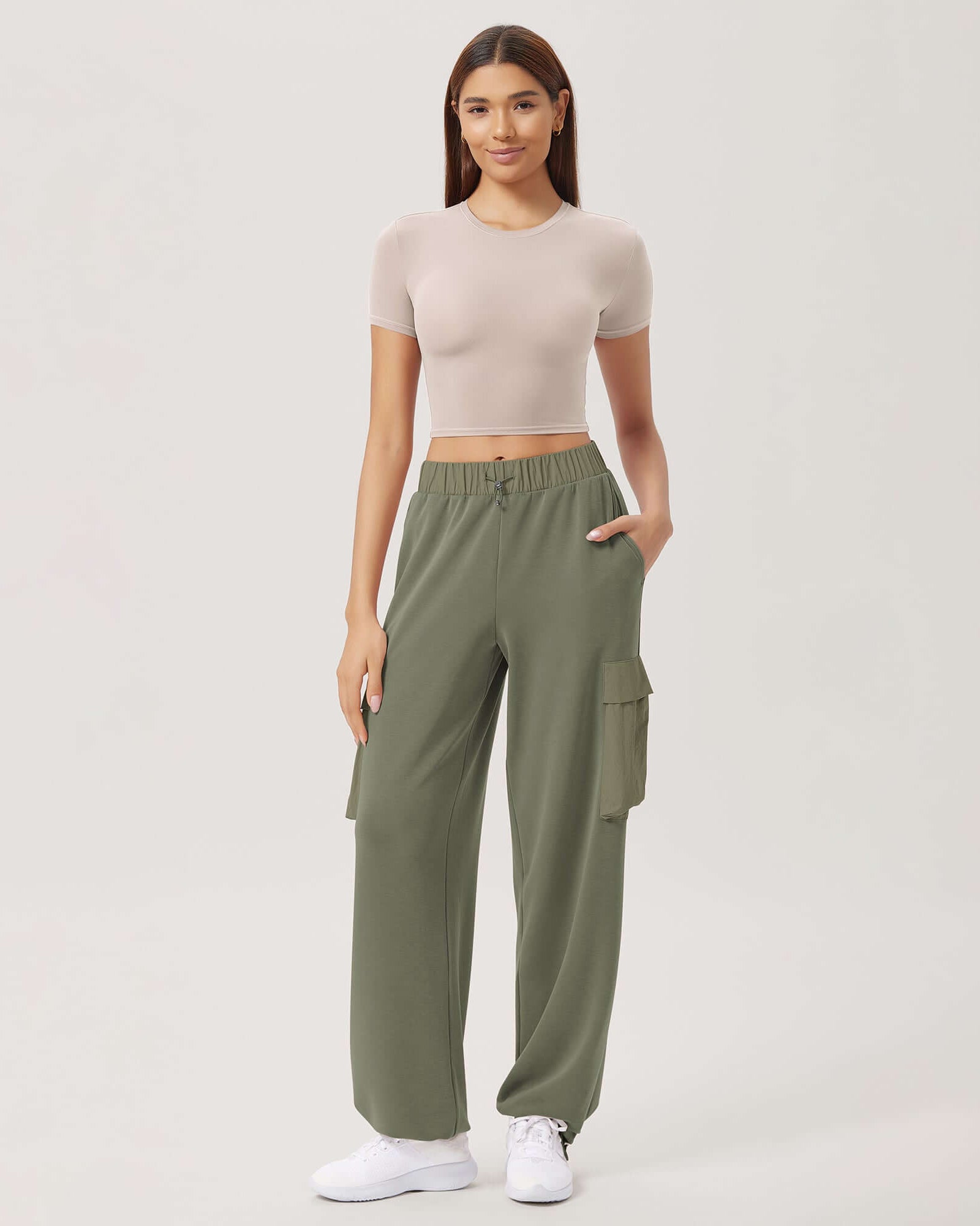 Wide Leg Cargo Adjustable Shockcord Loose Jogger Pants with Pockets - ododos