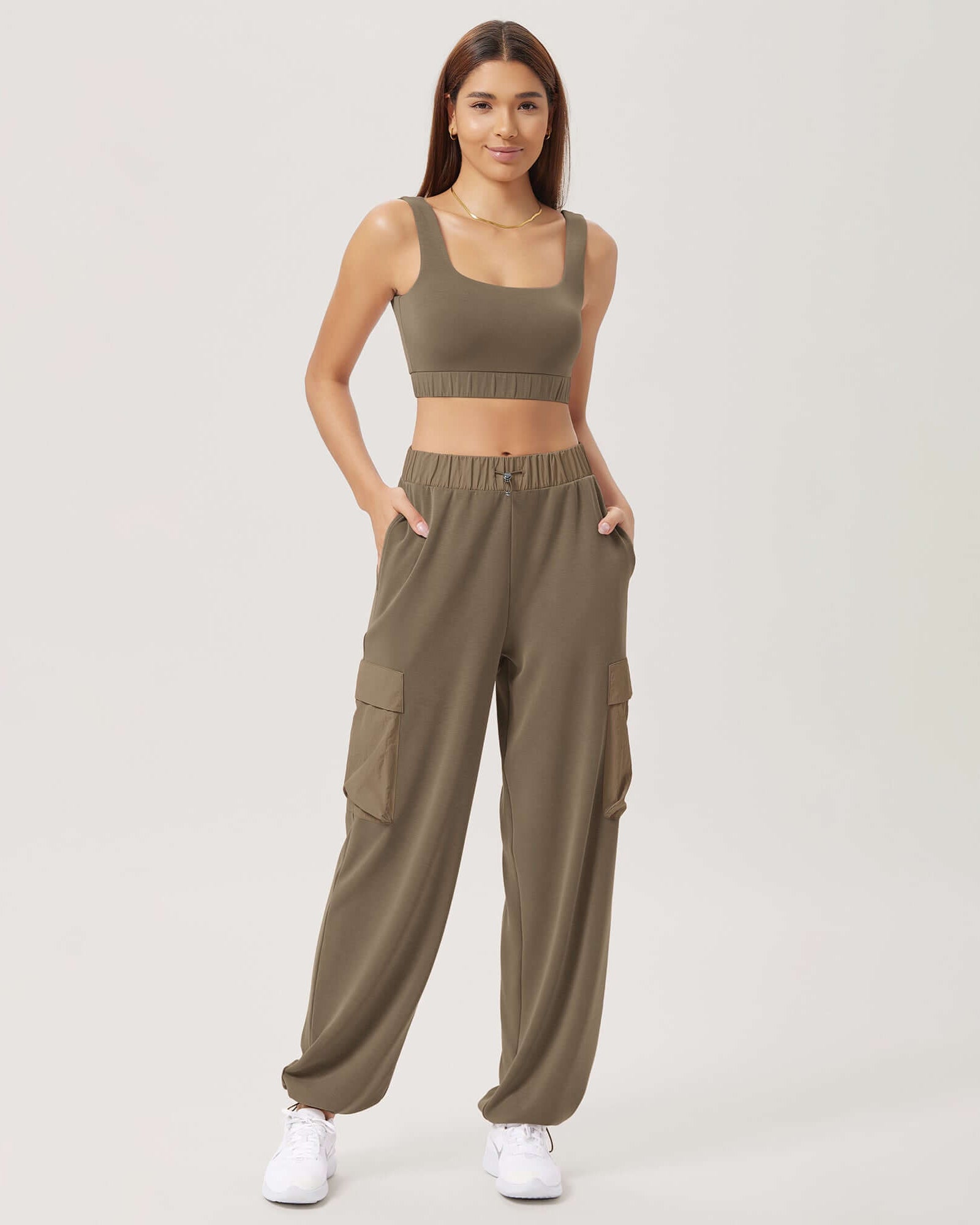 Wide Leg Cargo Adjustable Shockcord Loose Jogger Pants with Pockets Espresso - ododos