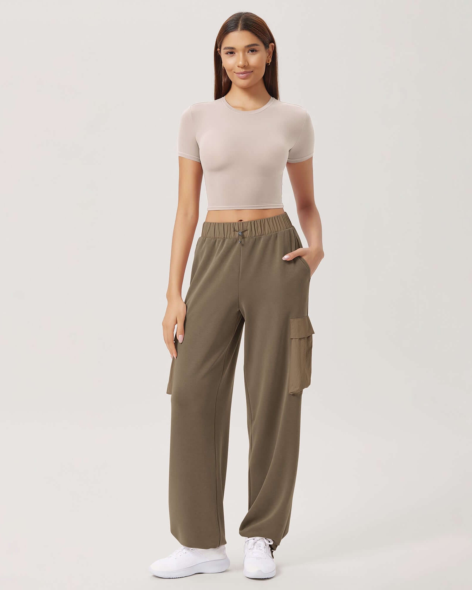 Wide Leg Cargo Adjustable Shockcord Loose Jogger Pants with Pockets - ododos