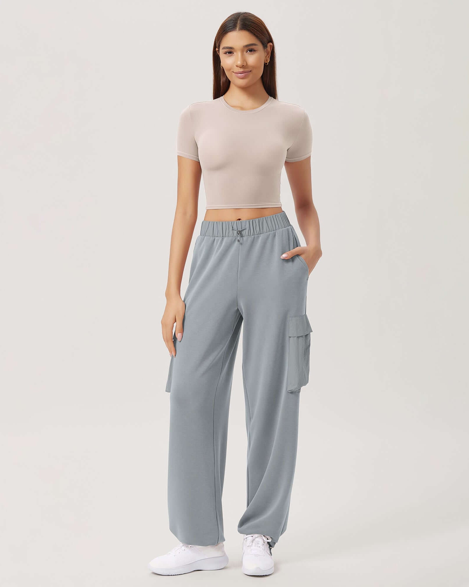 Wide Leg Cargo Adjustable Shockcord Loose Jogger Pants with Pockets - ododos