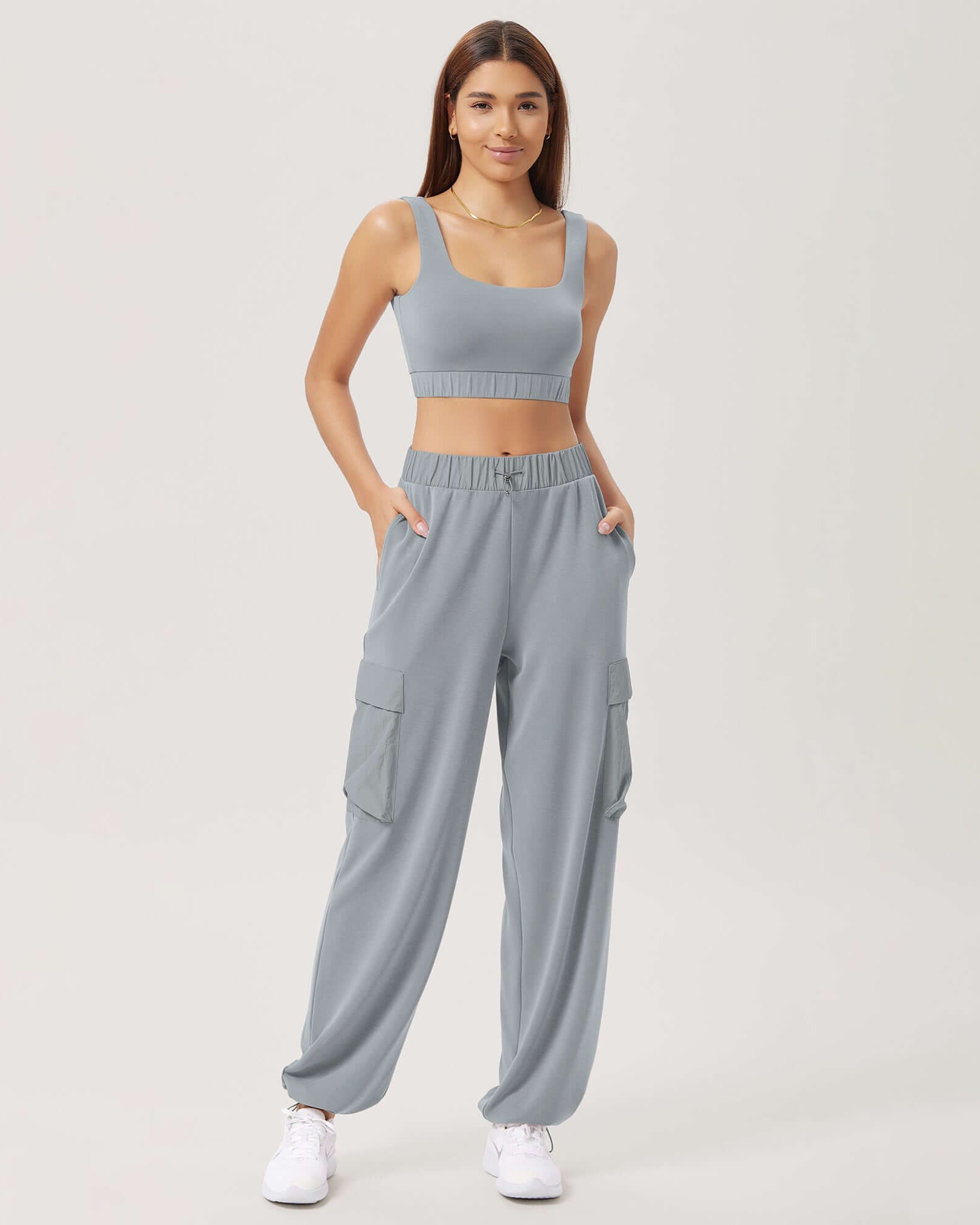 Wide Leg Cargo Adjustable Shockcord Loose Jogger Pants with Pockets Grey Blue - ododos