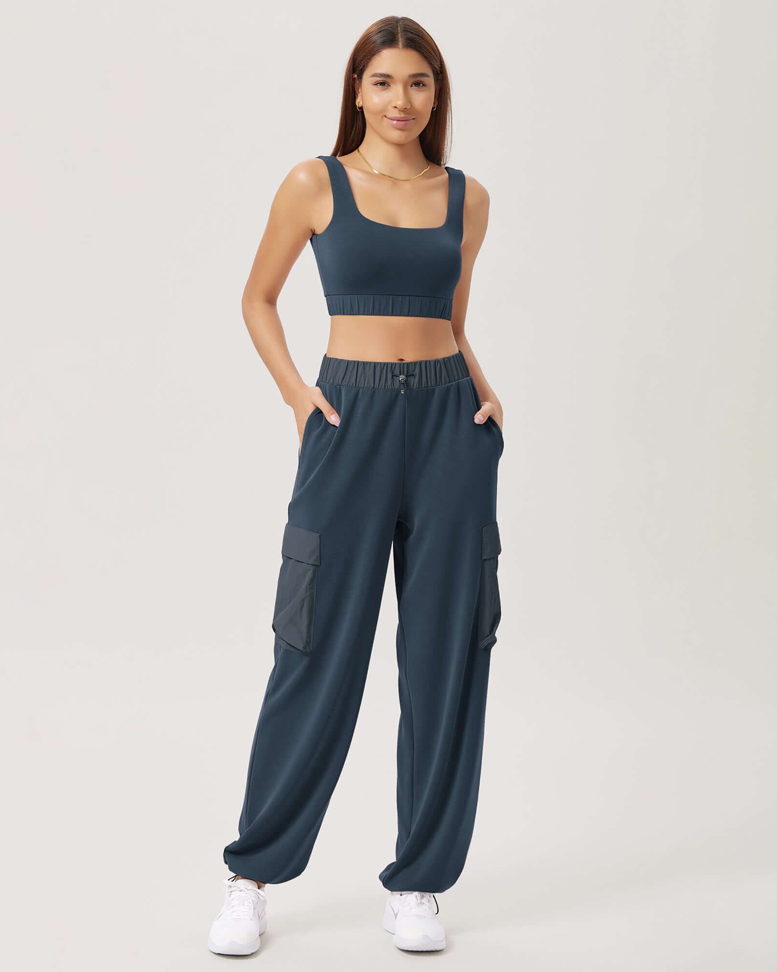 Wide Leg Cargo Adjustable Shockcord Loose Jogger Pants with Pockets Navy - ododos