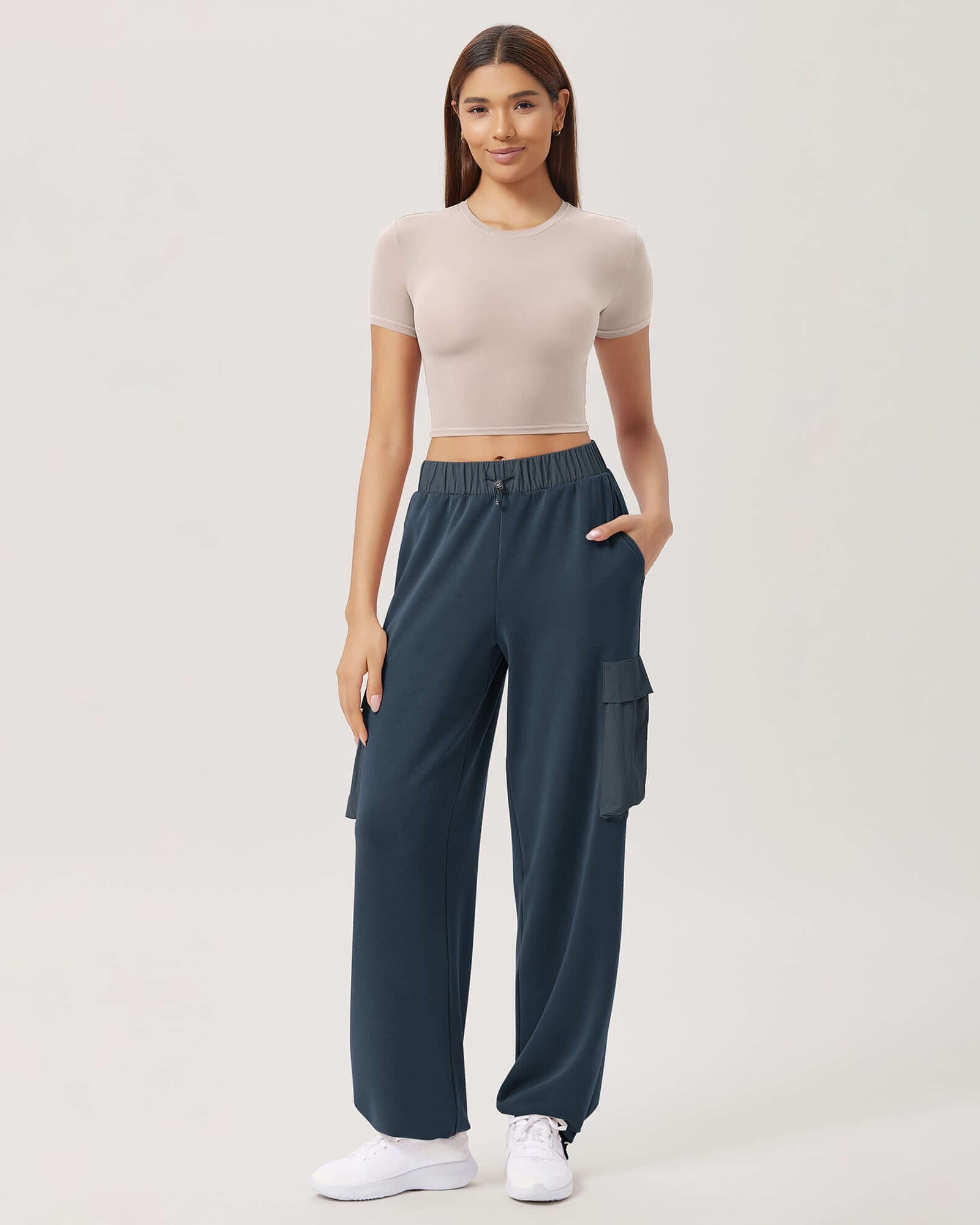 Wide Leg Cargo Adjustable Shockcord Loose Jogger Pants with Pockets - ododos