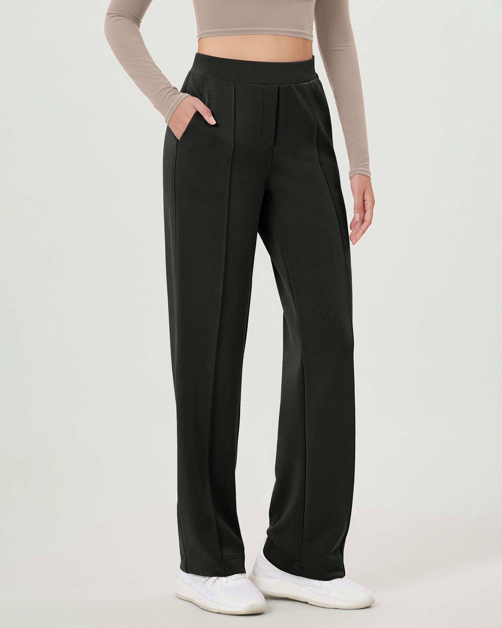 Modal Soft Mid Rise Pull-On Lounge Casual Work Pants with Pockets Black - ododos