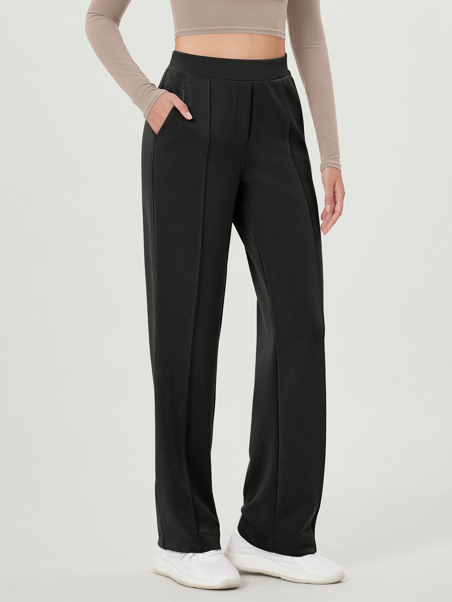 Modal Soft Mid Rise Pull-On Lounge Casual Work Pants with Pockets Black - ododos