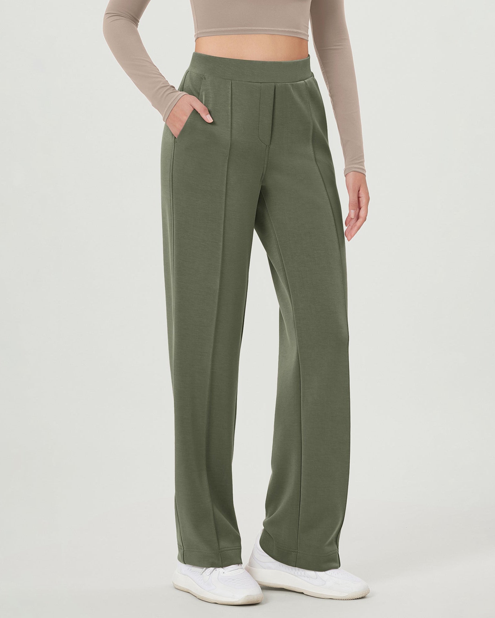 Modal Soft Mid Rise Pull-On Lounge Casual Work Pants with Pockets Dark Sage - ododos
