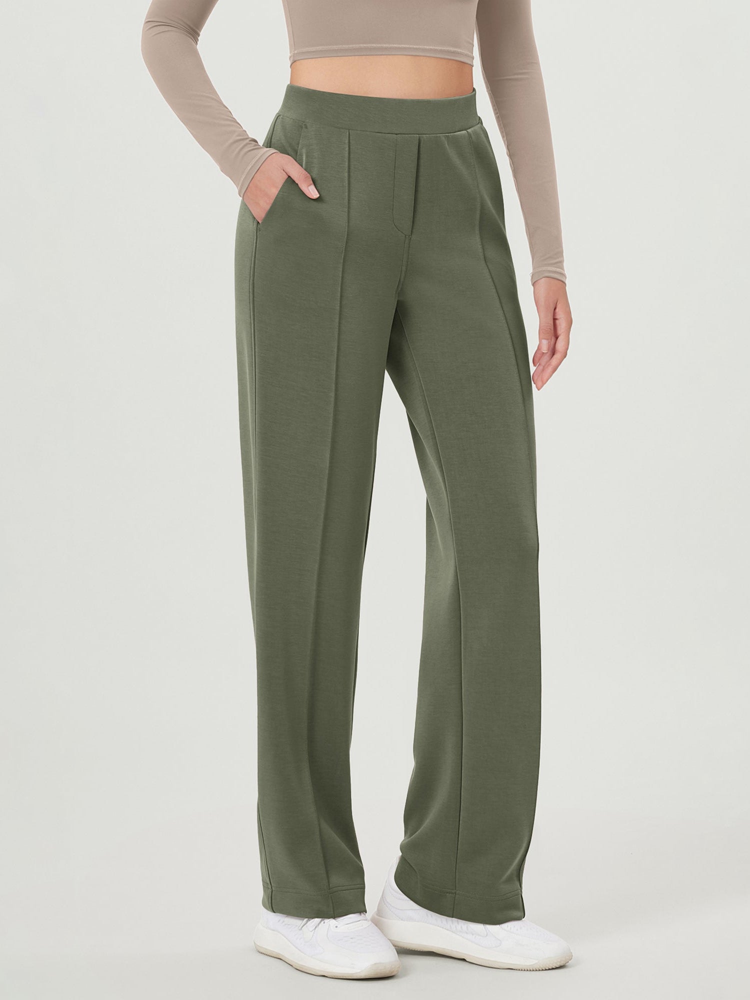 Modal Soft Mid Rise Pull-On Lounge Casual Work Pants with Pockets Dark Sage - ododos