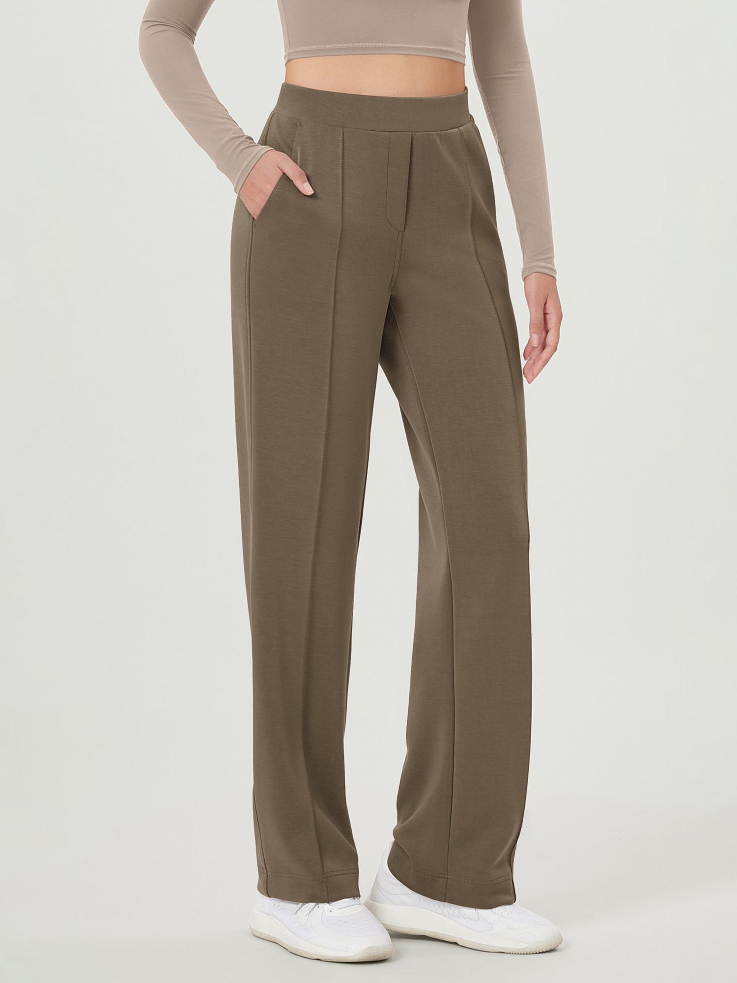 Modal Soft Mid Rise Pull-On Lounge Casual Work Pants with Pockets Espresso - ododos