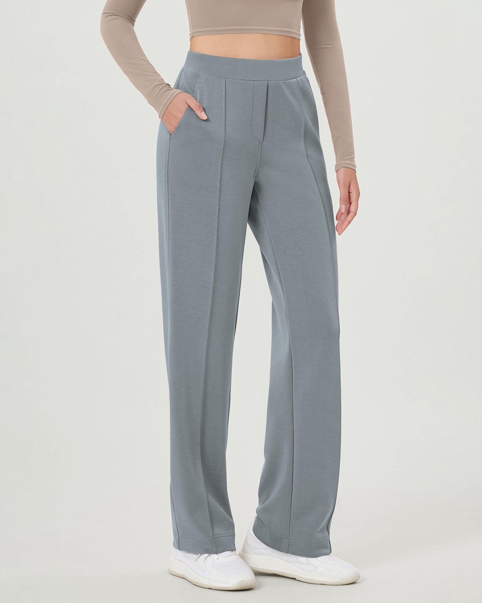Modal Soft Mid Rise Pull-On Lounge Casual Work Pants with Pockets Grey Blue - ododos