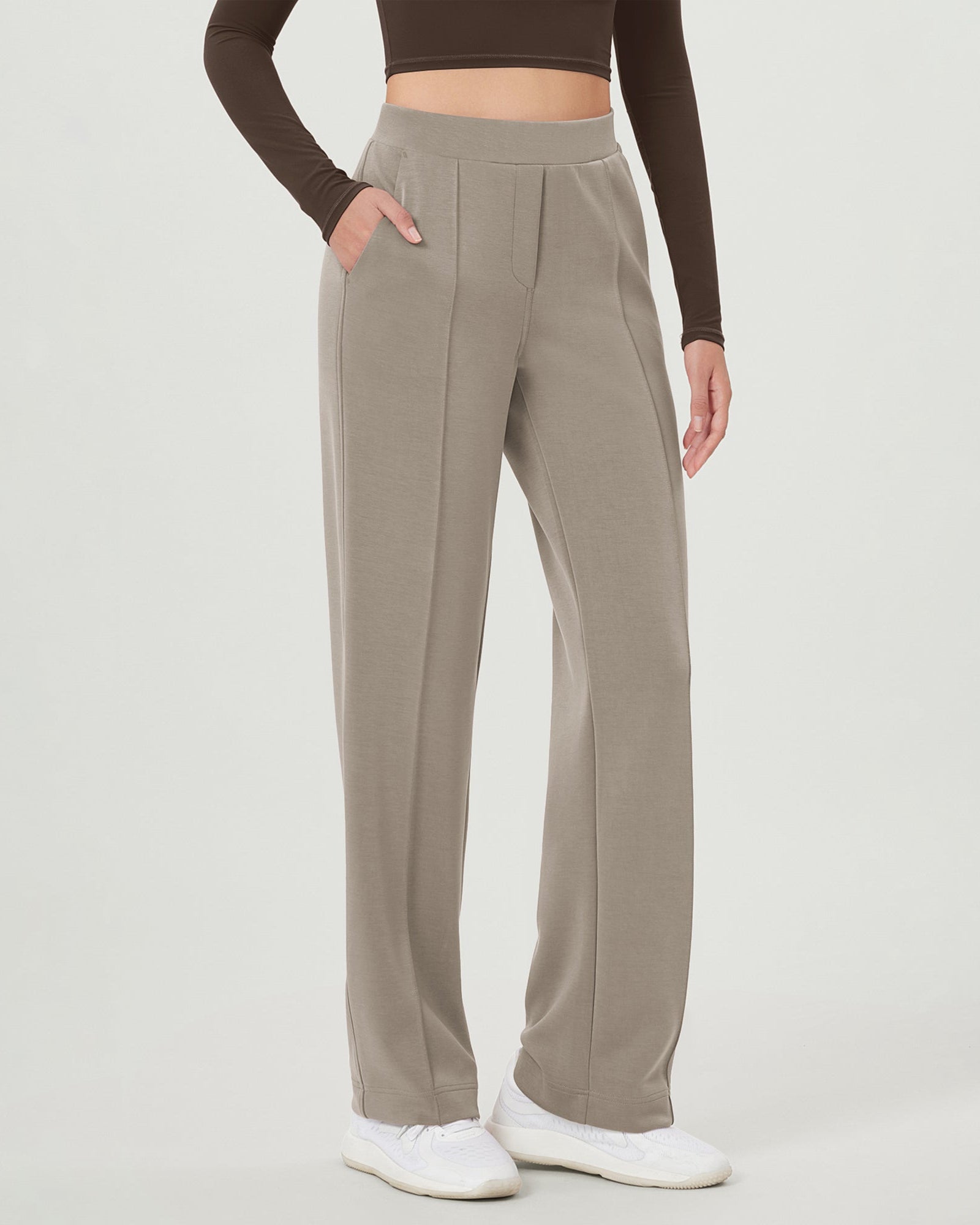 Modal Soft Mid Rise Pull-On Lounge Casual Work Pants with Pockets Khaki - ododos